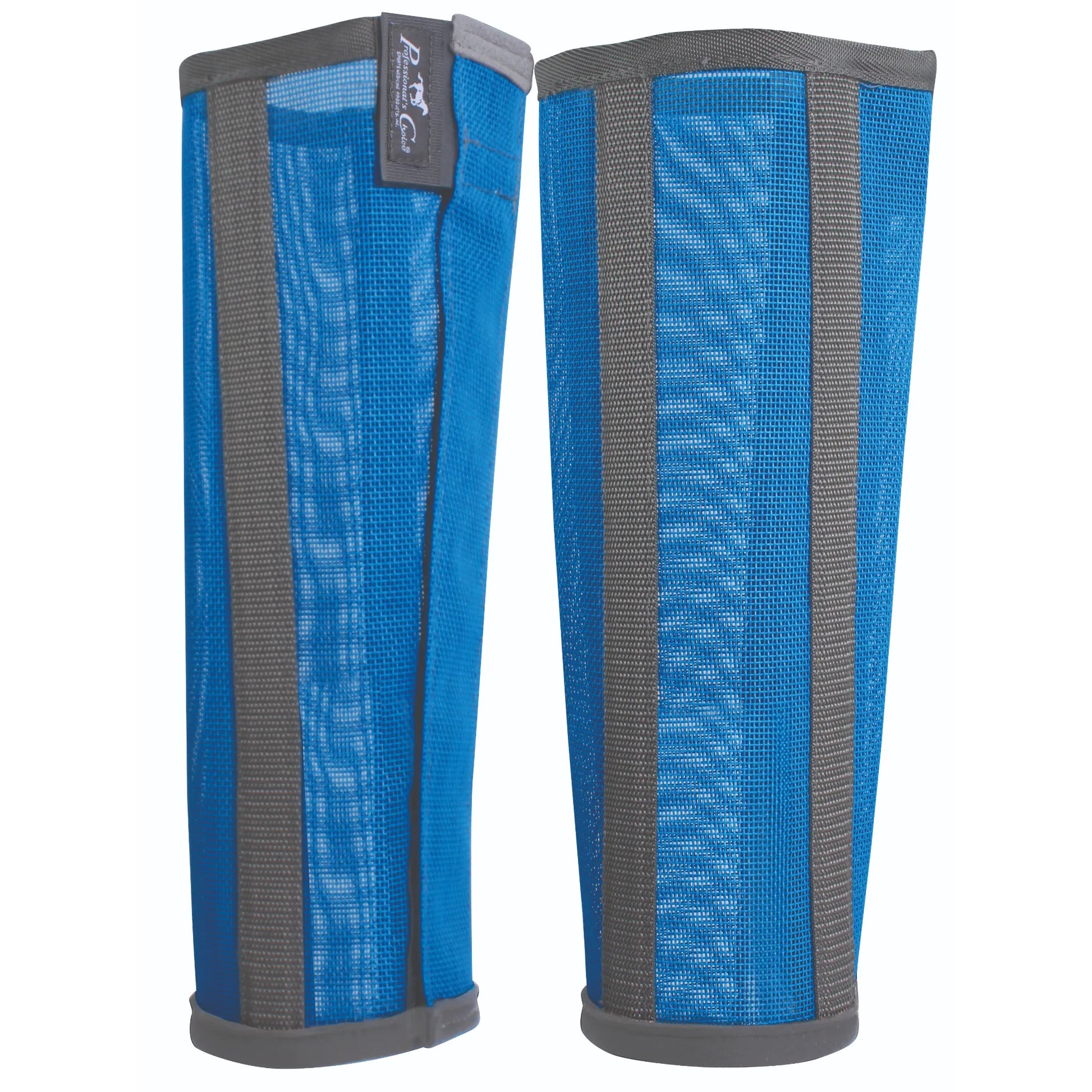 Professional's Choice Deluxe Fly Boots in vibrant blue with grey reinforced ribbing. These breathable mesh horse fly boots provide ultimate leg protection against biting flies and UV rays. Featuring a stay-up design and durable construction, these equine leg wraps are a summer essential for pasture or stall use. High-quality blue horse gear for superior insect protection and comfort.