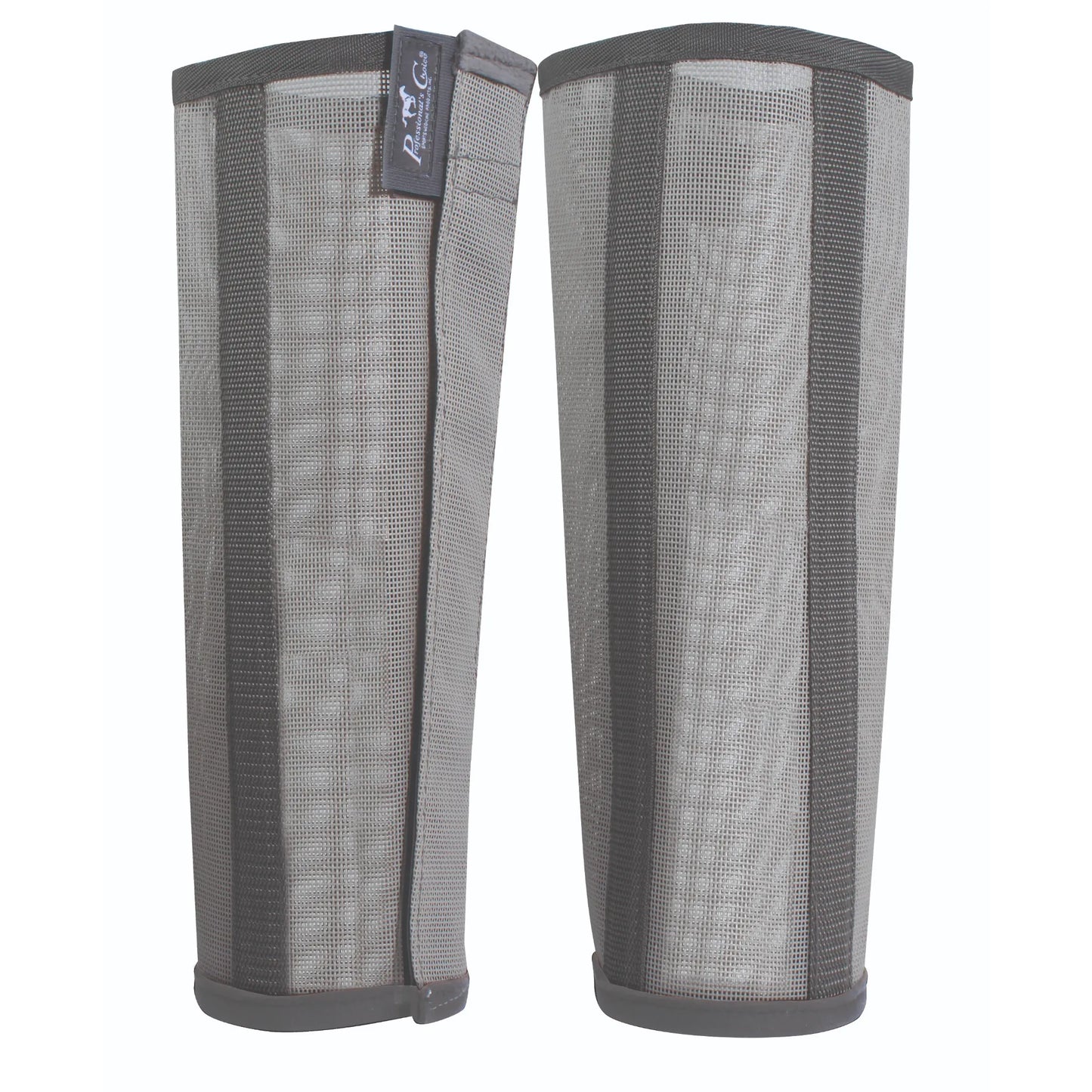 Professional's Choice Deluxe Fly Boots in charcoal grey mesh. These durable horse leg boots provide ultimate protection against flies and biting insects while maintaining airflow. Designed with vertical stays to prevent sagging and soft piping for comfort. Essential equine leg gear for pasture turnout and summer protection, featuring the iconic Professional's Choice logo.