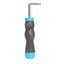Professional's Choice Deluxe Hoof Pick for horses featuring a durable silver metal pick with a 90-degree bend. This essential grooming tool includes a black ergonomic, textured non-slip handle with bright light blue accents for a comfortable, secure grip. High-quality equestrian accessory designed for efficient daily horse hoof care and maintenance.