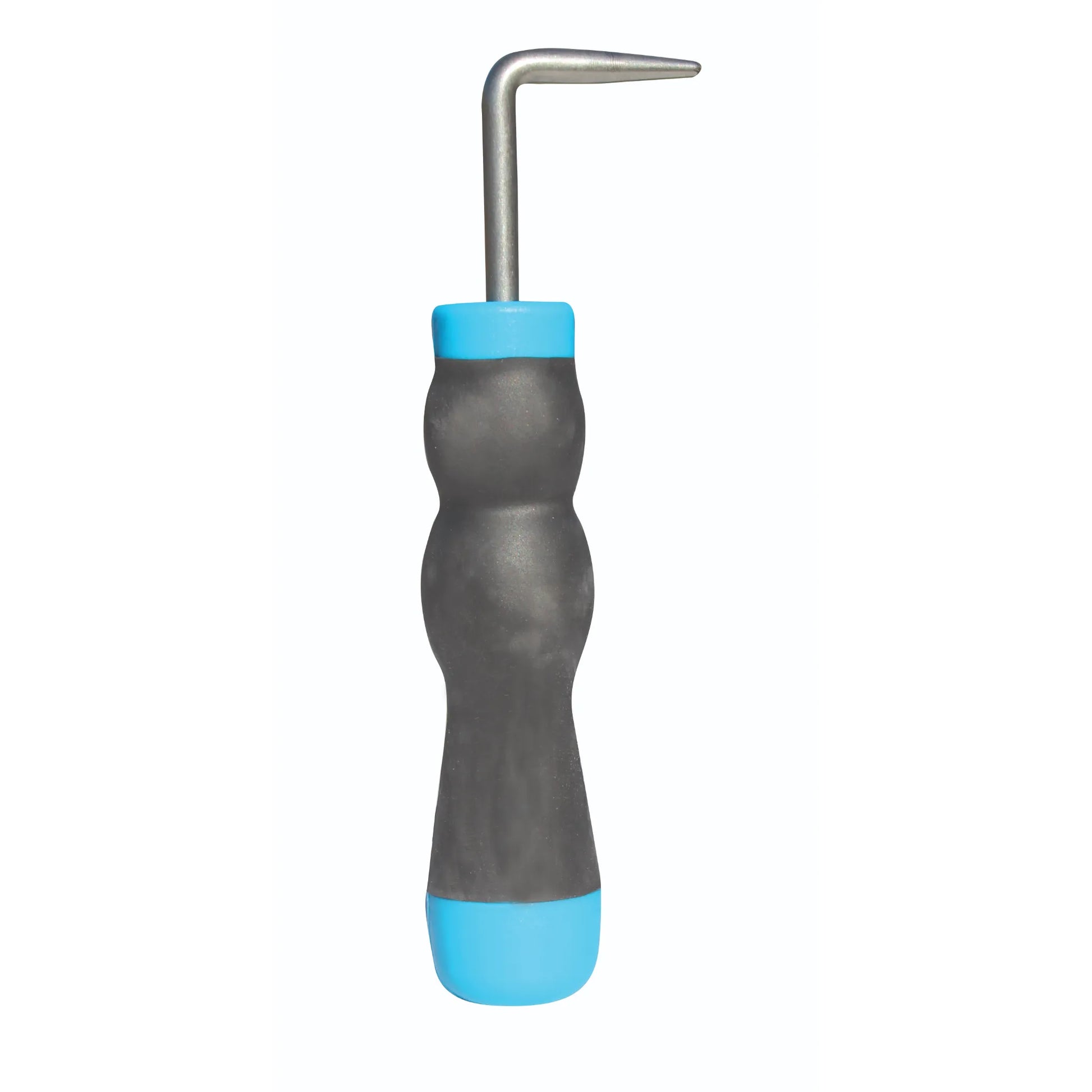 Professional's Choice Deluxe Hoof Pick for horses featuring a durable silver metal pick with a 90-degree bend. This essential grooming tool includes a black ergonomic, textured non-slip handle with bright light blue accents for a comfortable, secure grip. High-quality equestrian accessory designed for efficient daily horse hoof care and maintenance.