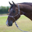Professional's Choice Easy ON Rope Halter in a tan and brown pattern shown on a bay horse. This durable equestrian halter features a quick-attach metal snap for easy on and off, high-quality braided rope, and a thick knotted lead rope attachment. Ideal for horse training and everyday handling, this adjustable rope halter combines style and function. Perfect for natural horsemanship enthusiasts and horse tack collections.