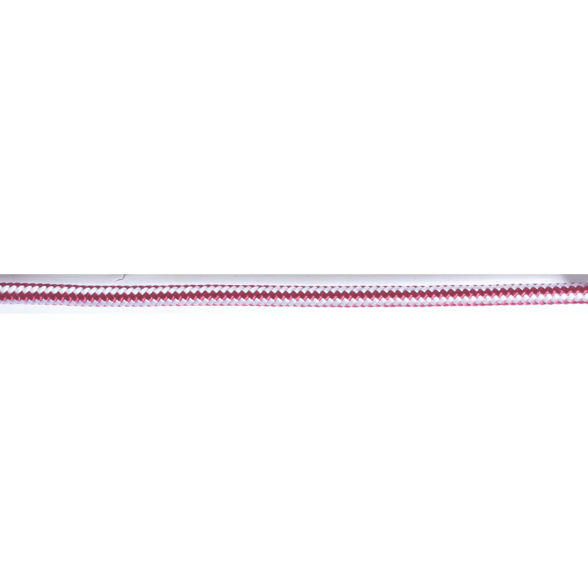 Close-up of the burgundy and white braided rope from the Professional's Choice Easy ON Rope Halter. This high-quality horse tack features a durable, weather-resistant construction ideal for training and daily use. The vibrant two-tone pattern adds a stylish touch to a piece of essential equestrian gear designed for quick application and long-lasting performance.