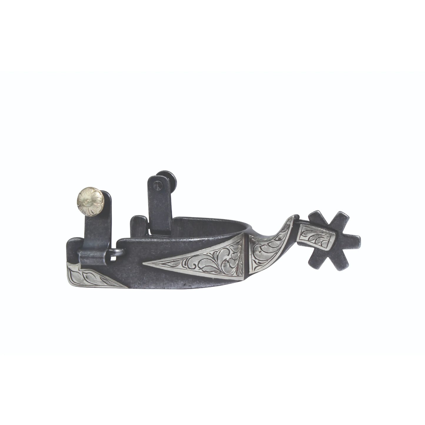Professional's Choice Engraved Scroll Spurs featuring a 1" blued steel band with elegant hand-engraved silver scrollwork and leaf designs. This classic Western spur includes a 6-point rowel and decorative silver buttons, offering a sophisticated look for performance-focused equestrian riding and training.