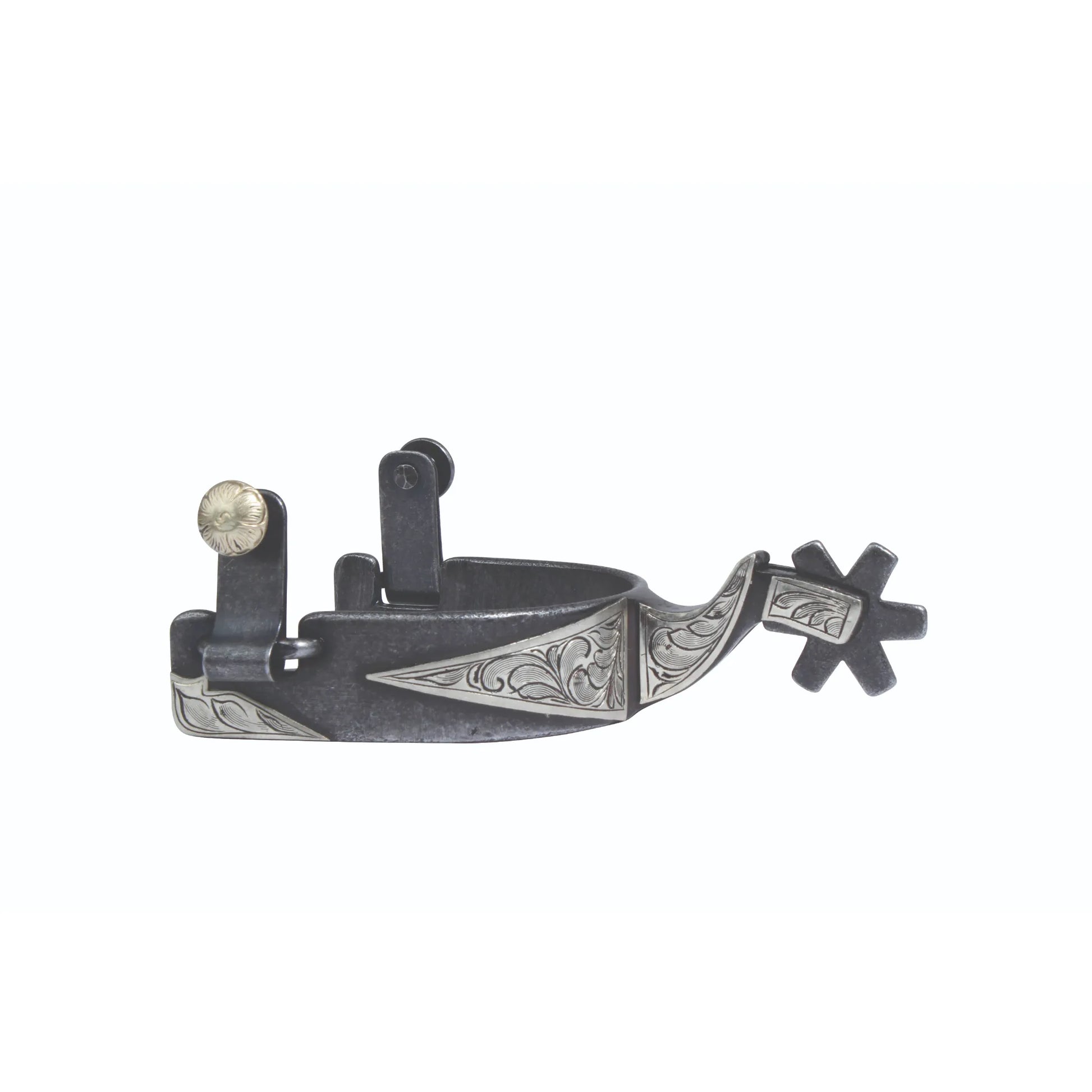 Professional's Choice Engraved Scroll Spurs featuring a 1" blued steel band with elegant hand-engraved silver scrollwork and leaf designs. This classic Western spur includes a 6-point rowel and decorative silver buttons, offering a sophisticated look for performance-focused equestrian riding and training.