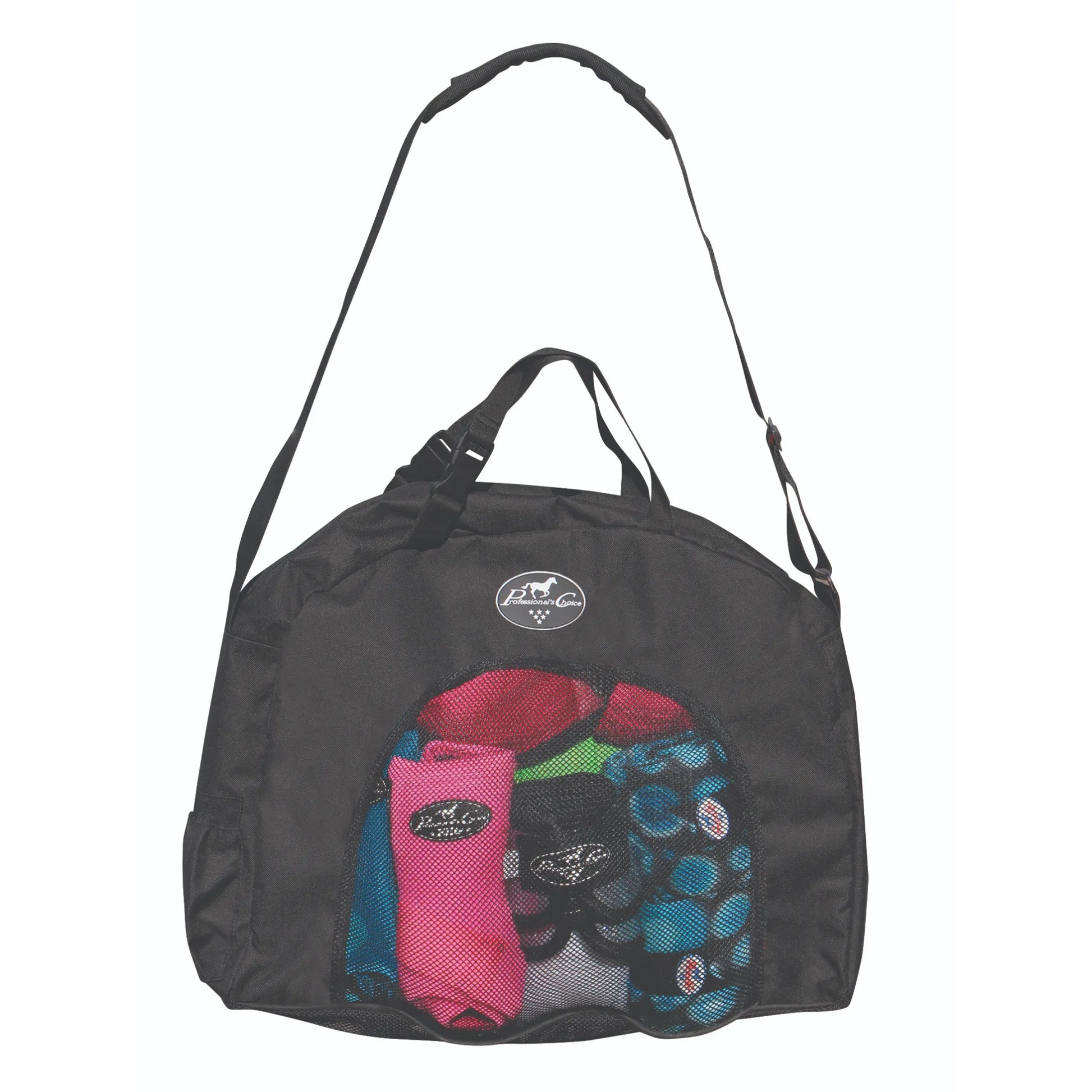 Black Professional's Choice Equestrian Gear Carry All Bag featuring a ventilated mesh front pocket that reveals colorful horse leg boots. This durable tack bag includes a padded, adjustable shoulder strap, a sturdy top handle, and a side pocket for extra storage. Ideal for organizing and transporting equestrian supplies, polo wraps, and protective gear, it’s a stylish and practical must-have for horse riders and grooms looking to stay organized at the barn or shows.