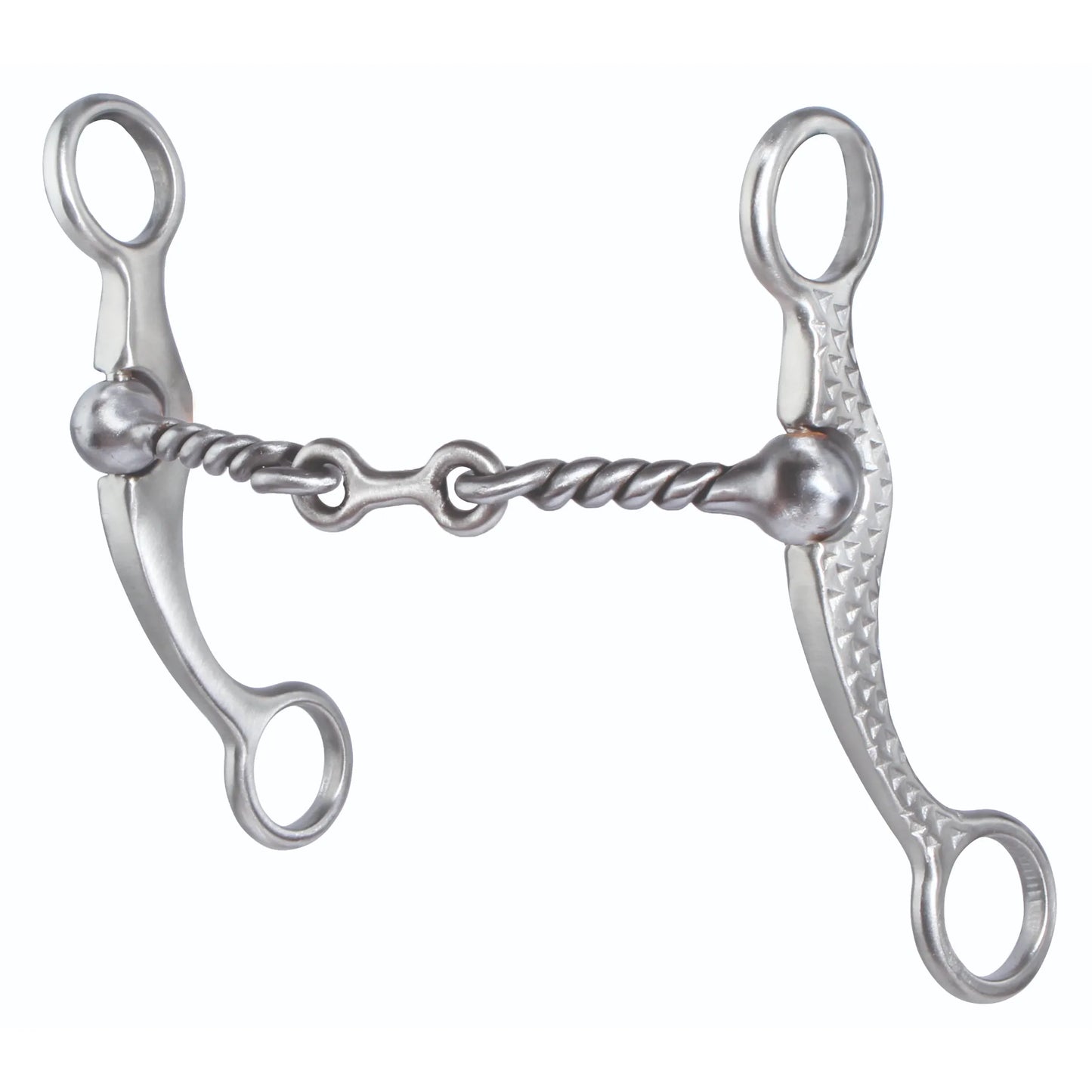 Professional's Choice 5.25-inch Equine Bit with a twisted wire dogbone mouthpiece and decorative rasp-textured shanks. This durable silver curb bit features curved cheekpieces with top and bottom rings for secure bridle and rein attachment. Ideal for horse training and western riding, this high-quality bit combines professional performance with a unique textured design for refined communication.