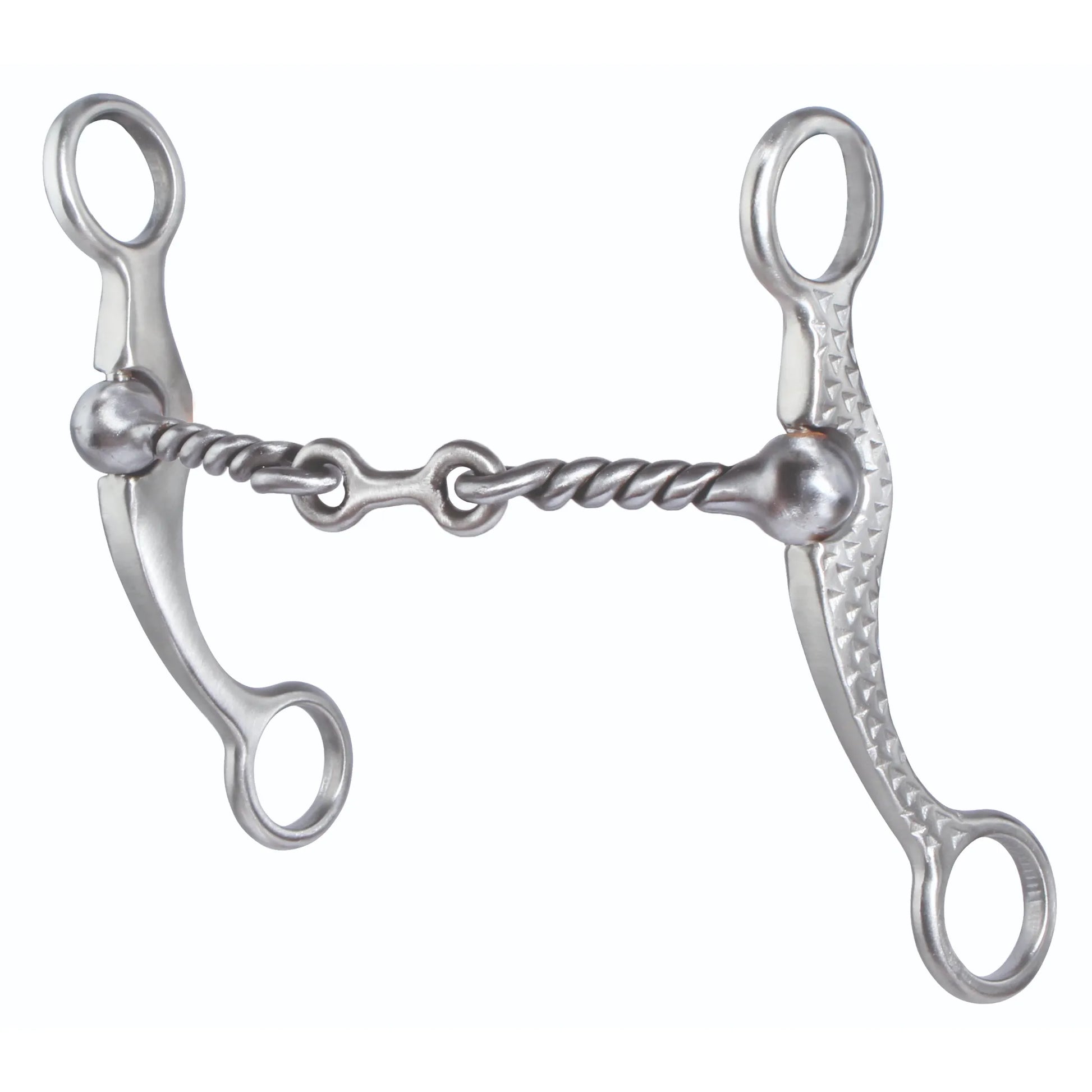 Professional's Choice 5.25-inch Equine Bit with a twisted wire dogbone mouthpiece and decorative rasp-textured shanks. This durable silver curb bit features curved cheekpieces with top and bottom rings for secure bridle and rein attachment. Ideal for horse training and western riding, this high-quality bit combines professional performance with a unique textured design for refined communication.