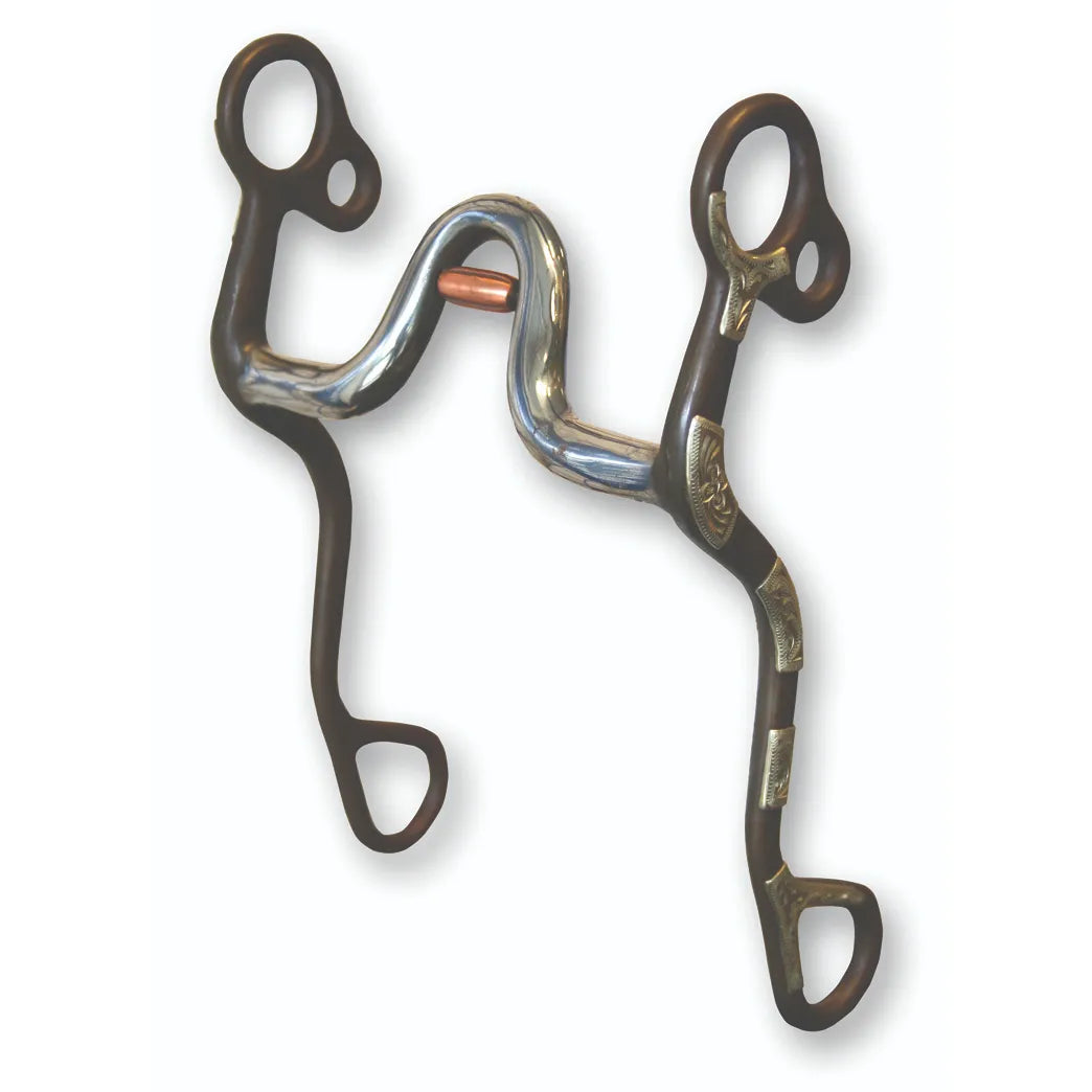 Professional's Choice Western Curb Bit featuring a medium port stainless steel mouthpiece with an integrated copper roller. The elegant S-style shanks are crafted from dark brown steel and decorated with intricate silver floral engravings. A high-quality equestrian accessory designed for refined communication and control, perfect for western performance, horse training, and show competitions.