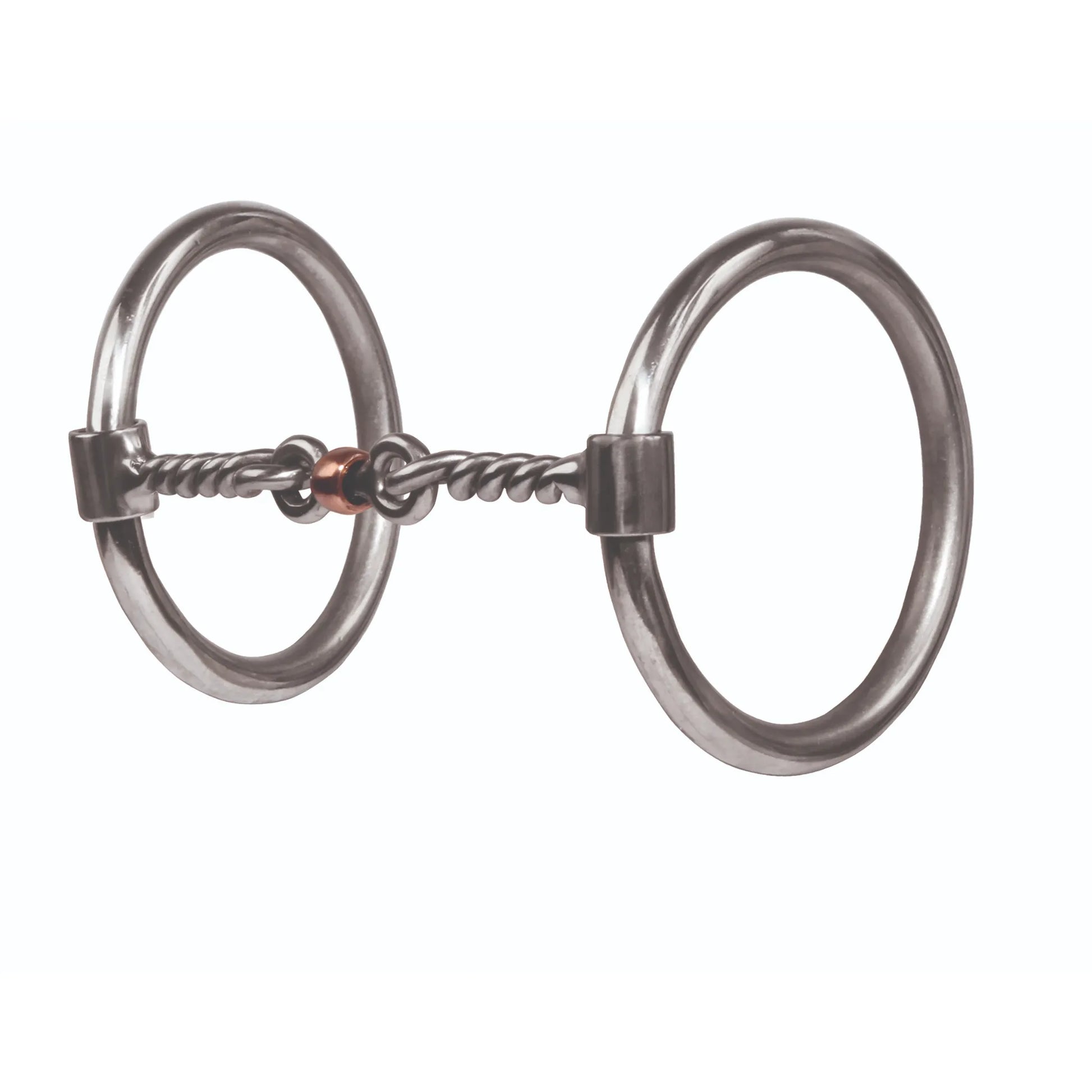 Professional's Choice Equisential O Ring Bit featuring large stainless steel loose rings and a double-jointed twisted wire mouthpiece with a central copper roller. This high-quality equestrian bit promotes salivation and relaxation through its textured surface and copper link. A versatile loose ring snaffle ideal for training and daily horse riding, offering both durability and clear communication between horse and rider.
