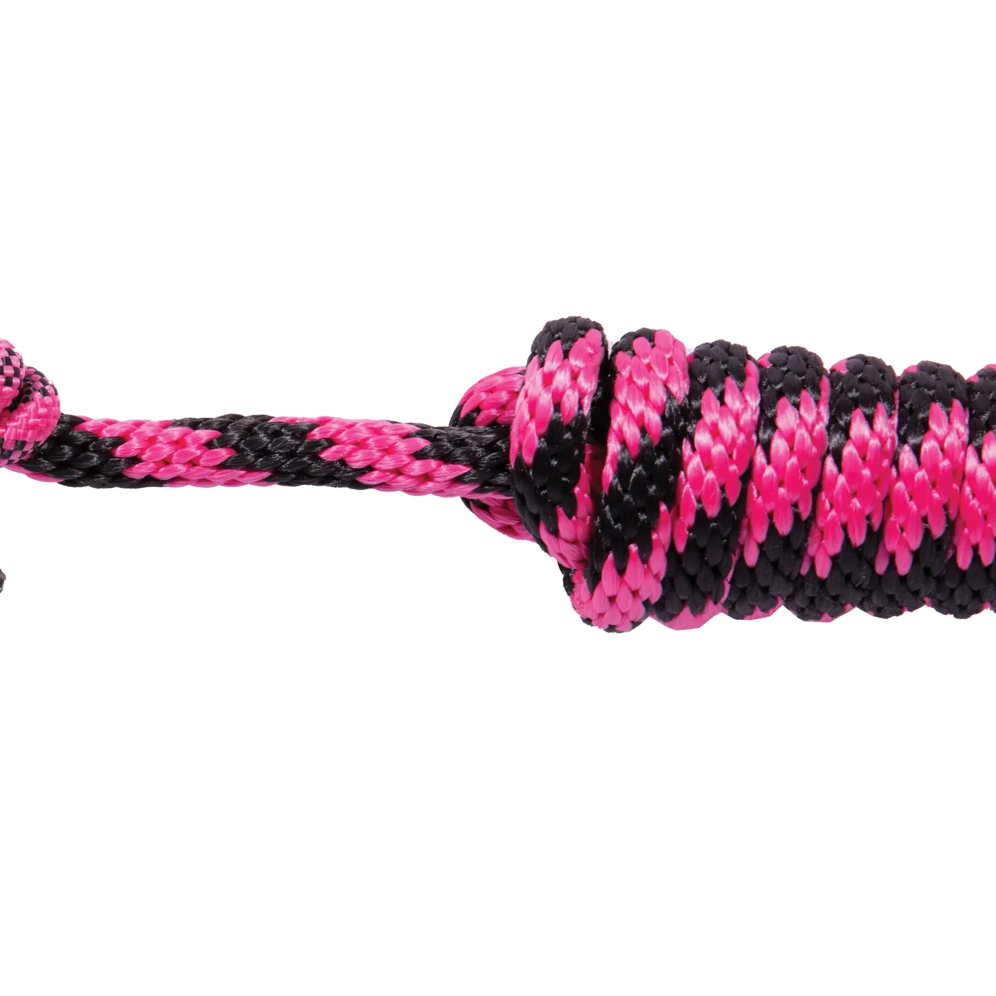 Professional's Choice Equisential Rope Halter and 8-foot matching lead rope in vibrant pink and black. Close-up detail shows the high-quality diamond braided nylon and a sturdy, decorative knot. This durable horse training gear is perfect for equestrians seeking both style and performance in their horse tack collection.