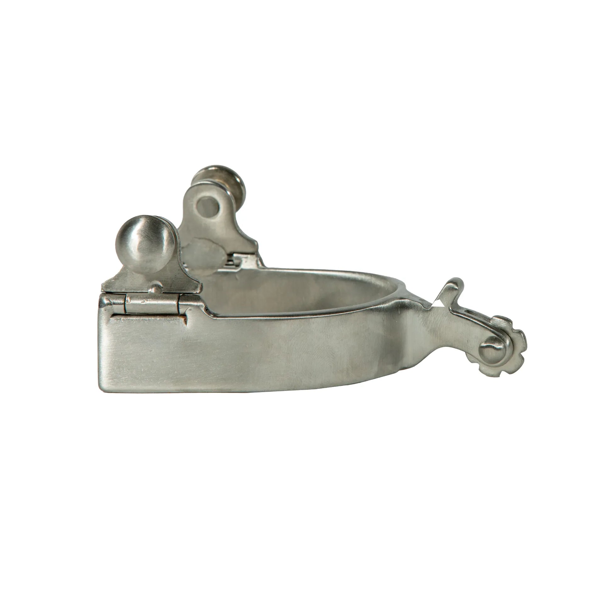 Professional's Choice Equisential Youth Spur featuring a 1/2" stainless steel band and short shank with a small flower rowel. These durable equestrian spurs include hinged ball buttons for easy strap attachment, making them perfect for young riders. High-quality silver-tone riding gear designed for precision and durability in the arena.