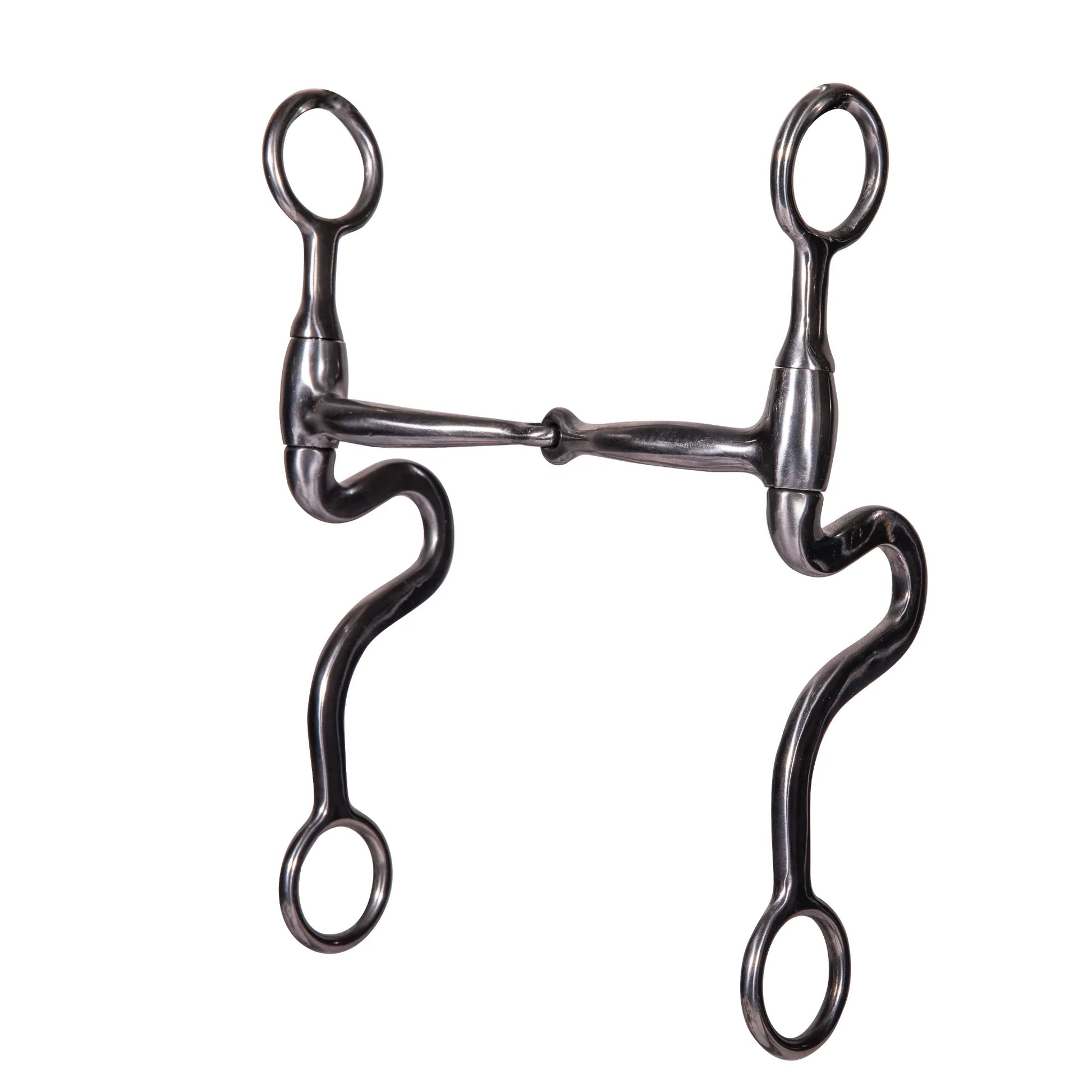 Professional's Choice Equisential Swept Back Seven Shank Bit in polished gunmetal. This western horse bit features a single jointed snaffle mouthpiece and distinctive S-curve shanks designed for moderate leverage and clear communication. A stylish piece of equestrian tack for performance and everyday riding, crafted from durable steel. Ideal for riders seeking professional-grade western horse equipment and training gear.