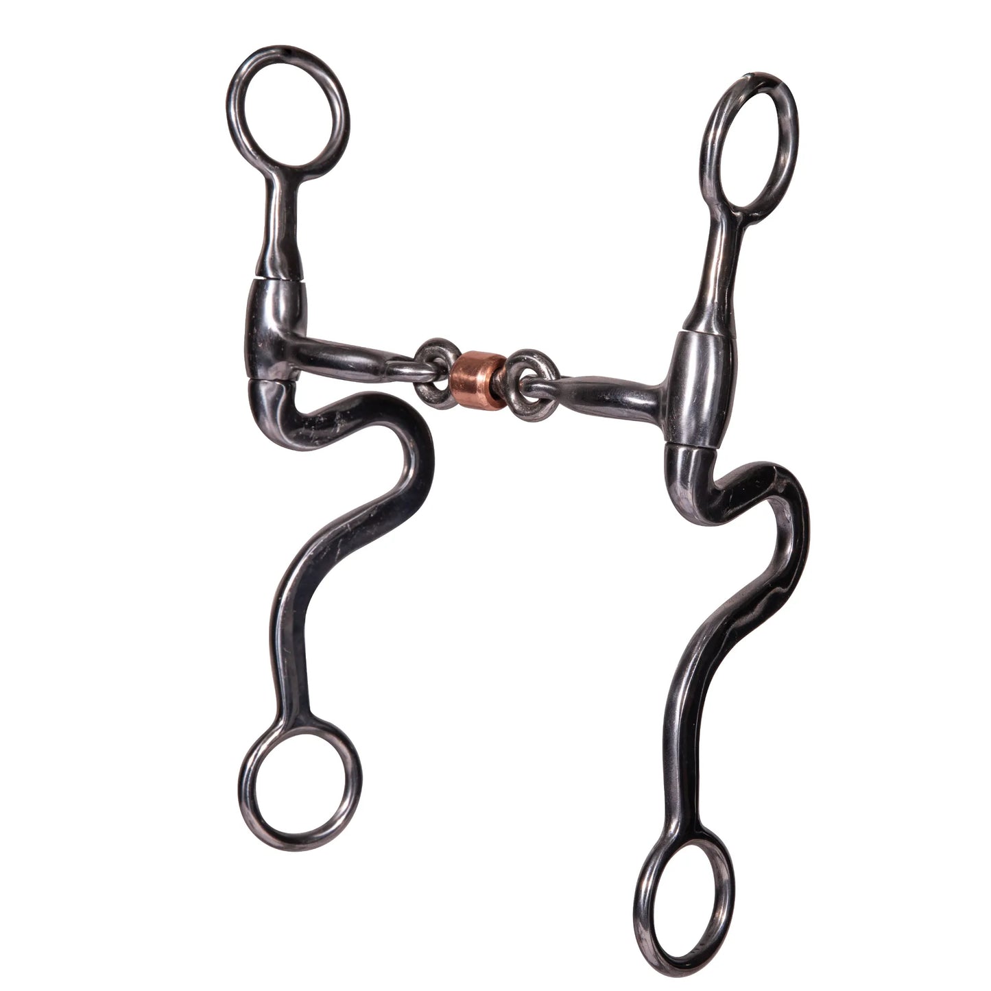 Professional's Choice Equisential Swept Back Seven Shank Bit in a dark sweet iron finish. This western curb bit features stylish S-curve shanks and swivel cheeks for precise independent rein cues. The jointed mouthpiece is accented with a central copper roller to encourage salivation and relaxation. Perfect for western performance and training, this durable horse bit combines functionality with classic equestrian style.