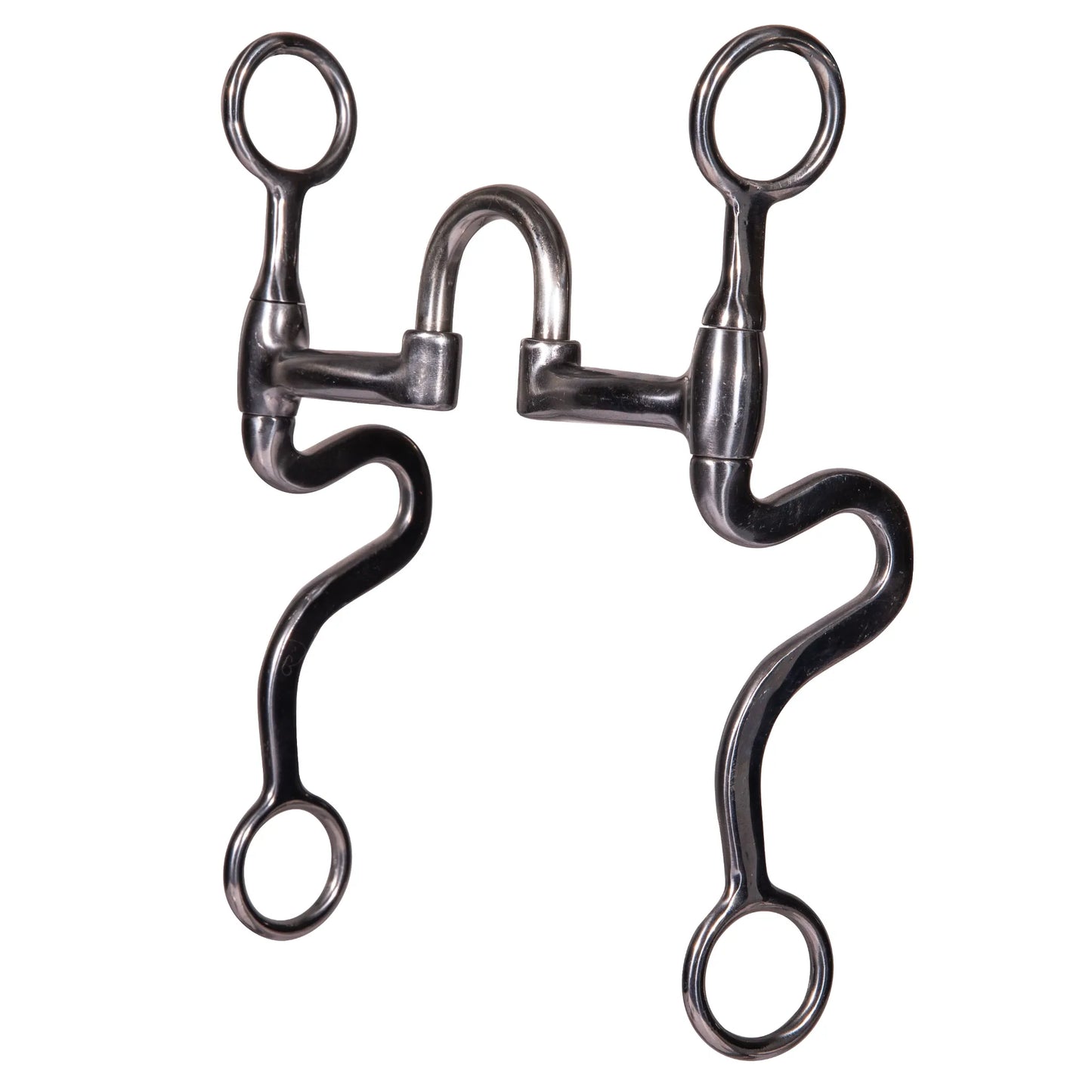 Professional's Choice Equisential Swept Back Seven Shank Bit. This high-quality Western horse bit features a blackened steel finish and a high port mouthpiece designed for refined communication. The stylish swept-back "7" shaped shanks provide balanced leverage and control. An essential piece of equestrian tack for Western riding, performance, or training. Durable, professional-grade curb bit for horses.