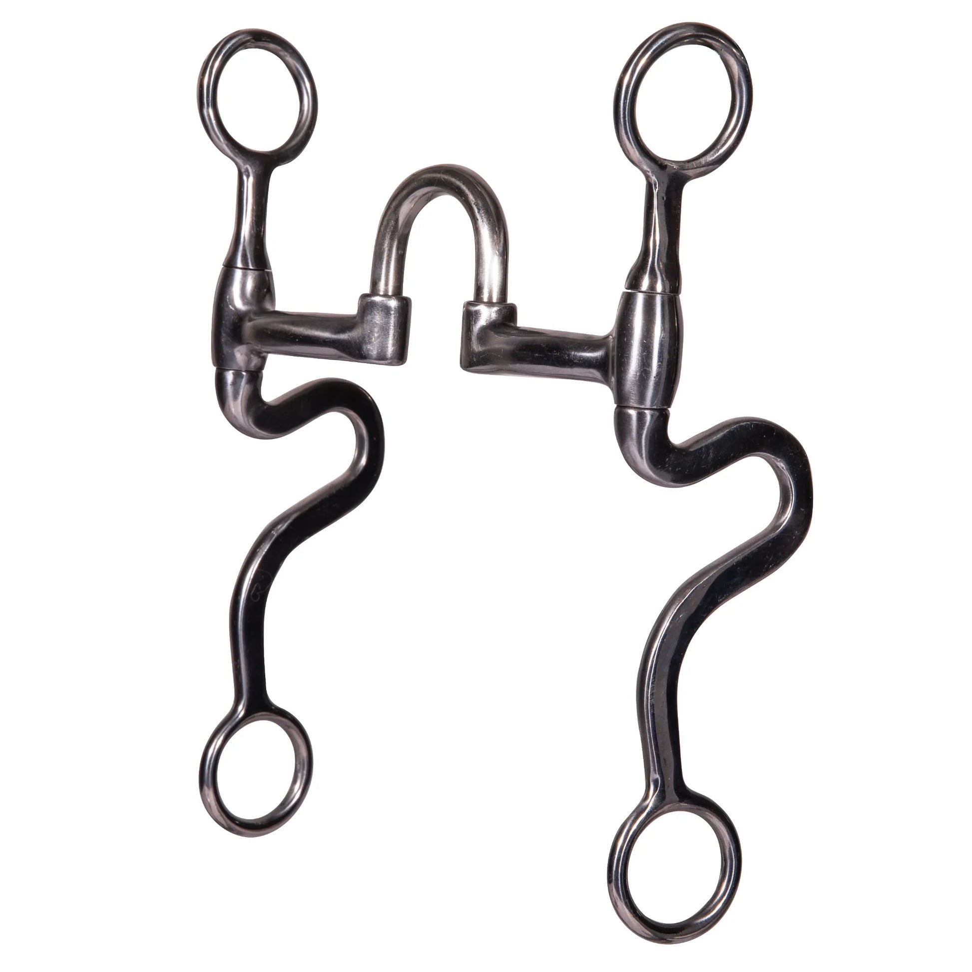 Professional's Choice Equisential Swept Back Seven Shank Bit. This high-quality Western horse bit features a blackened steel finish and a high port mouthpiece designed for refined communication. The stylish swept-back "7" shaped shanks provide balanced leverage and control. An essential piece of equestrian tack for Western riding, performance, or training. Durable, professional-grade curb bit for horses.