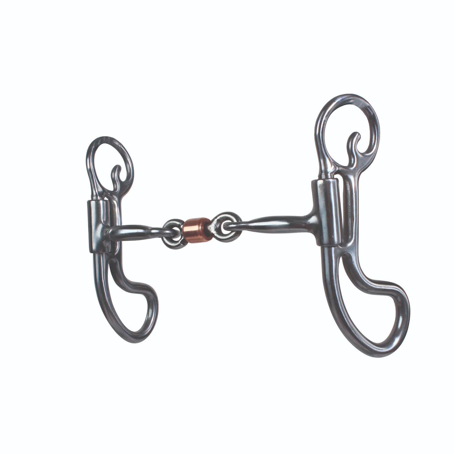 Professional's Choice Equisential Teardrop Bit for horses featuring a 5-inch jointed sweet iron mouthpiece and a central copper roller to encourage relaxation. This Western curb bit includes swivel teardrop-shaped shanks for independent side-to-side control and precise communication. Durable and stylish equestrian tack, perfect for horse training and trail riding. High-performance Western horse bit with a sleek dark steel finish.