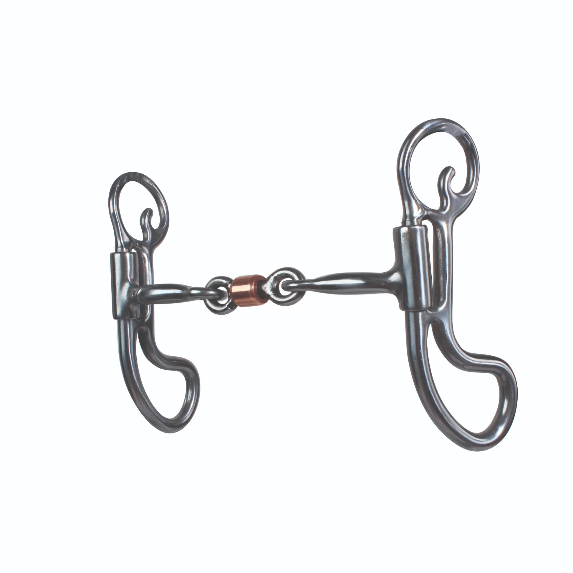 Professional's Choice Equisential Teardrop Bit for horses featuring a 5-inch jointed sweet iron mouthpiece and a central copper roller to encourage relaxation. This Western curb bit includes swivel teardrop-shaped shanks for independent side-to-side control and precise communication. Durable and stylish equestrian tack, perfect for horse training and trail riding. High-performance Western horse bit with a sleek dark steel finish.