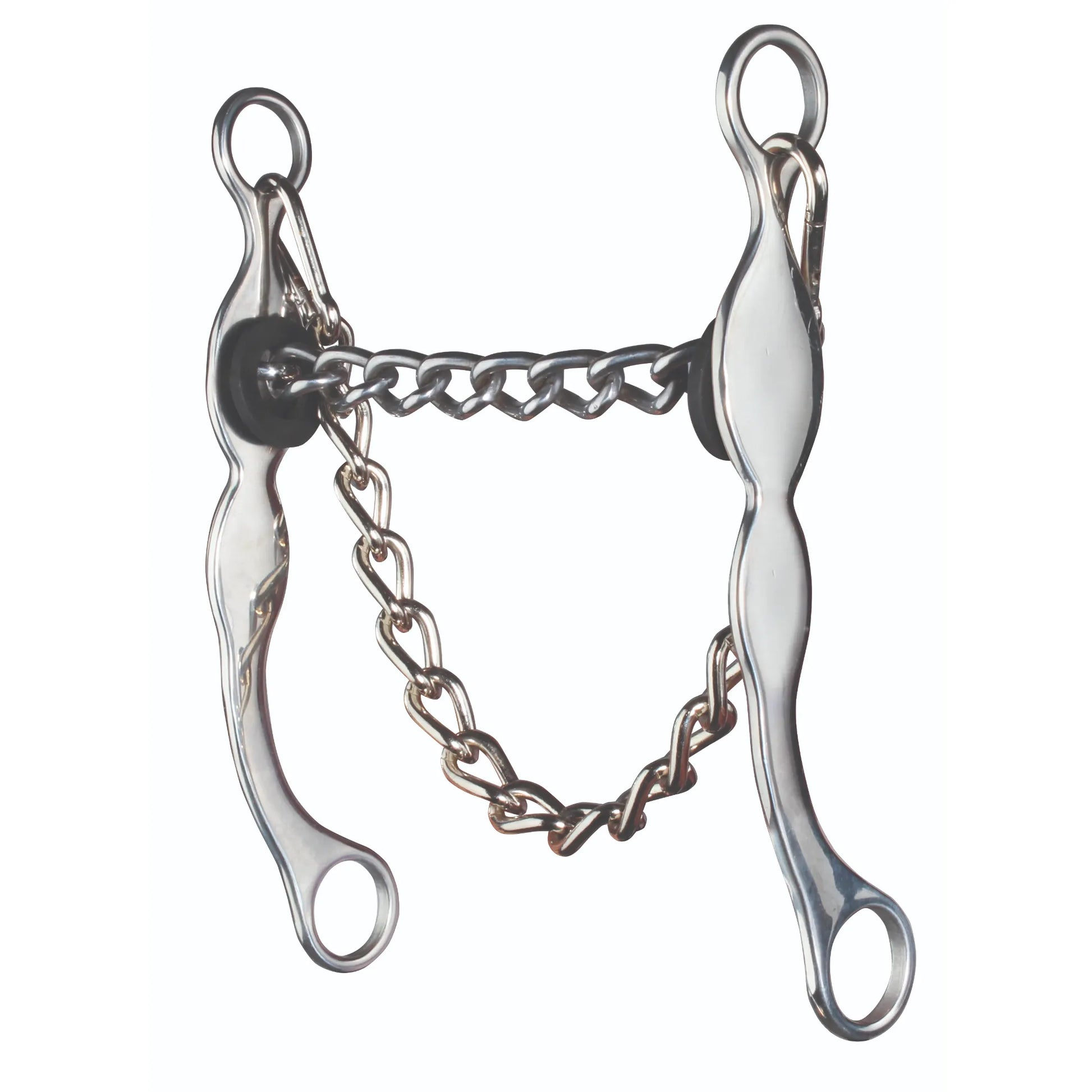 Professional's Choice Equisential Traditional Chain Bit featuring a polished stainless steel finish. This western curb bit includes a flexible chain mouthpiece for varied pressure, long curved shanks for leverage, and an attached curb chain. Black rubber bit guards are included for added comfort. A versatile piece of horse tack ideal for western training and performance, offering clear communication and a classic look for equestrians.