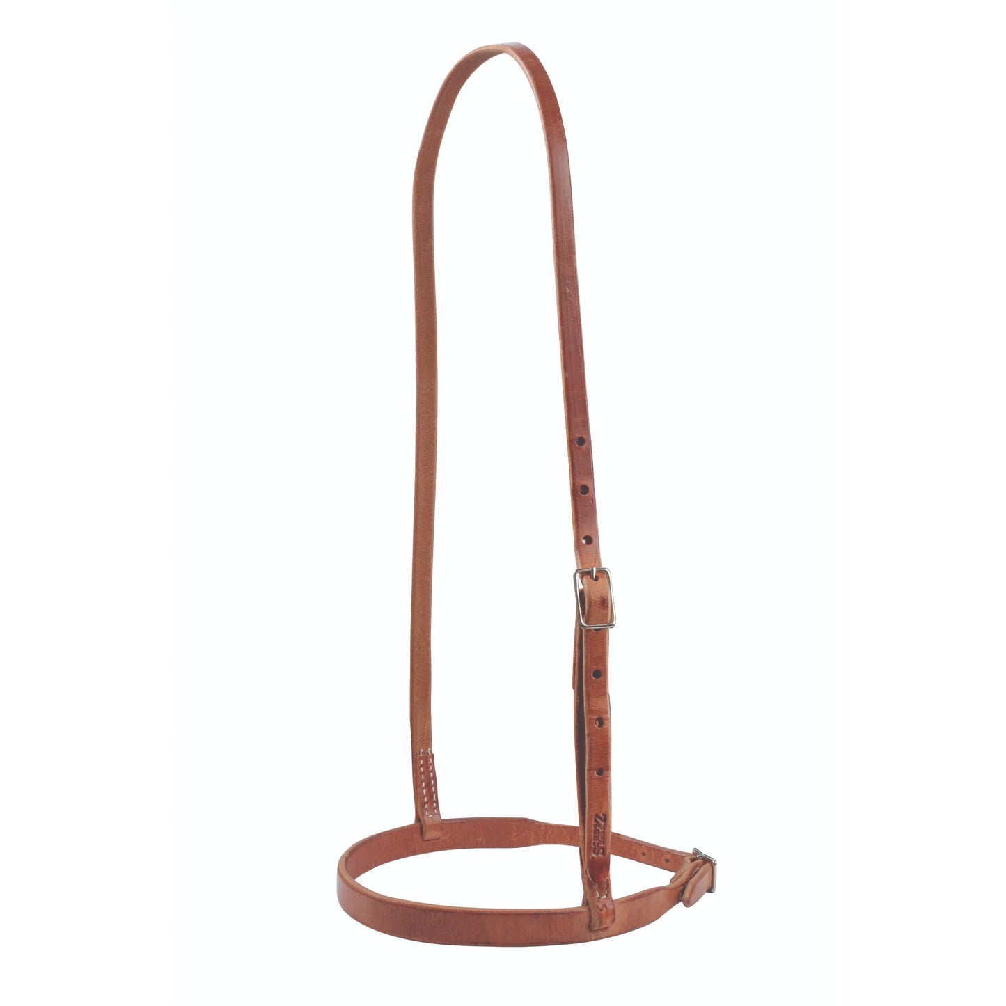 Professional's Choice Flat Nose Caveson with Buckle in medium brown leather. This essential piece of equestrian tack features a durable flat noseband and an adjustable crown strap with silver-tone buckles for a secure, custom fit. Designed for both English and Western training, this high-quality leather horse caveson provides subtle control and a classic look for any bridle. Perfect for riders seeking reliable, professional-grade horse gear.