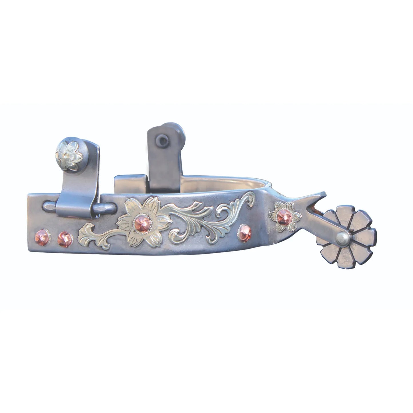 Professional's Choice Floral Ladies Spurs featuring exquisite silver engraving and rose gold floral accents. These western riding spurs showcase a decorative band with copper studs and a flower-shaped rowel. Designed for female riders, these elegant spurs blend style and performance for horse shows, ranch work, or western riding. High-quality equestrian gear for a sophisticated look in the saddle.