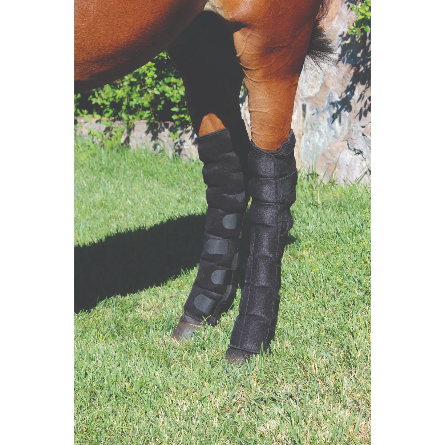 Professional's Choice Full Leg Ice Boots in black, providing equine cold therapy from hock to hoof. These quilted leg wraps feature multiple secure straps for a custom fit, designed to reduce inflammation and speed up recovery for performance horses. Shown on a horse's hind legs standing on grass, these durable ice boots are essential for injury management and post-workout cooling.