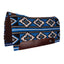 Professional's Choice Fuse Saddle Pad featuring a vibrant blue, black, white, and gray Navajo woven top in a geometric cross pattern. This high-quality western horse pad includes a steam-pressed brown felt bottom for comfort and durable dark brown leather wear leathers. Designed with a contoured spine for a superior fit, this 33" x 38" wool pad is ideal for western performance, trail riding, and ranch work.