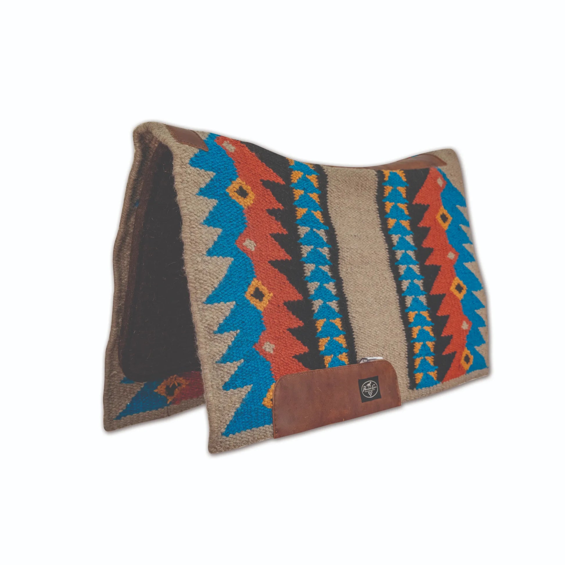 Professional's Choice Fuse Saddle Pad featuring a vibrant Navajo-patterned wool top in turquoise, rust red, and black on a beige base. This 33" x 38" western saddle pad includes durable leather wear leathers with the brand logo and a thick, steam-pressed felt bottom for superior shock absorption. The contoured design ensures a comfortable fit, making it a stylish and functional choice for horse riding, western performance, and equestrian enthusiasts.