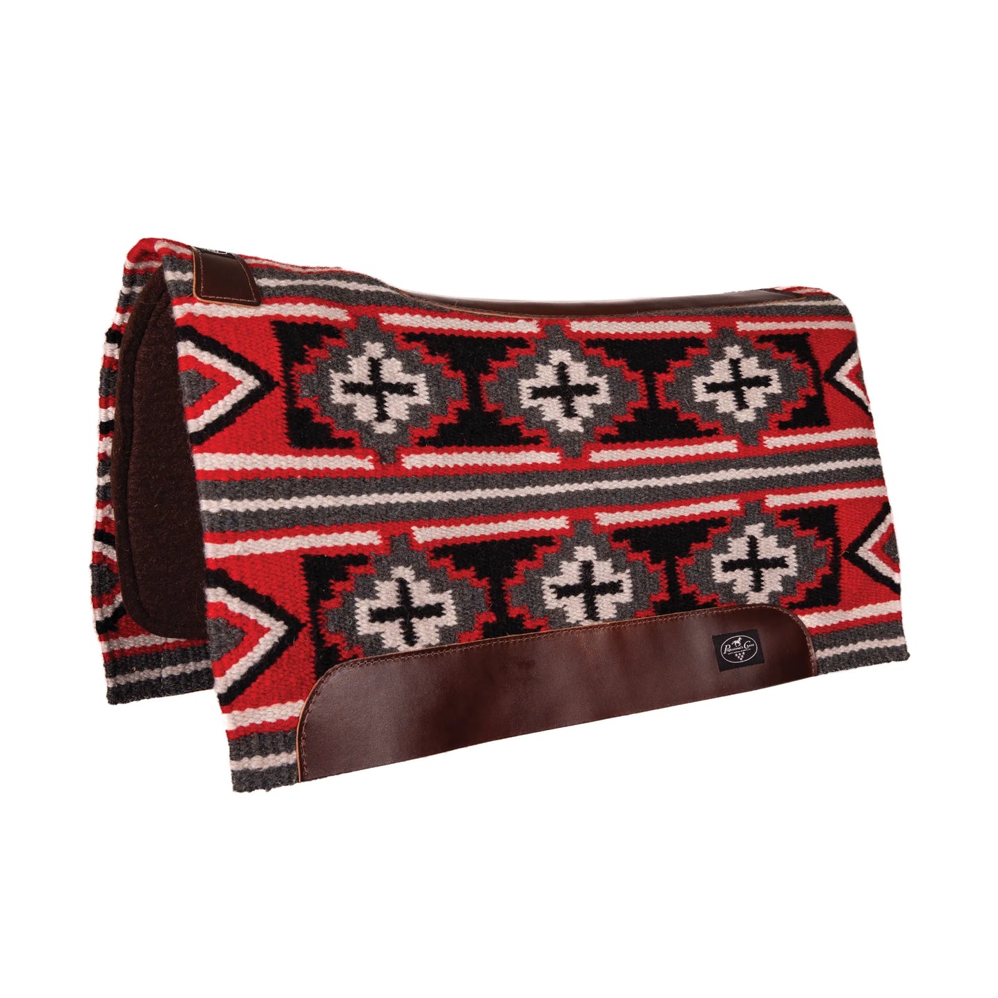 Professional's Choice Fuse Saddle Pad featuring a vibrant red, black, and gray Navajo-patterned woven top. This high-quality Western saddle pad includes durable brown leather wear leathers at the spine and bottom edges for added protection. Designed with a thick, steam-pressed felt bottom for superior shock absorption and comfort. Measuring 33" x 38", it's perfect for horse riding, ranch work, or competition, offering both style and performance.