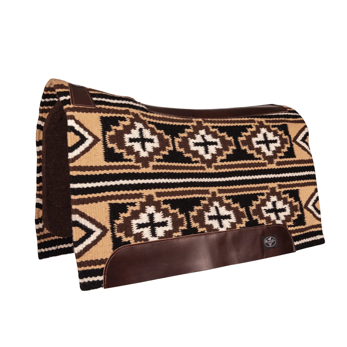 Professional's Choice Fuse Saddle Pad, 33" x 38", featuring a stunning Navajo woven top with tan, brown, and black geometric patterns. This contoured Western saddle pad includes premium leather wear leathers and a reinforced spine for durability. Designed with a high-quality steam-pressed felt bottom for superior shock absorption and horse comfort. A perfect blend of traditional style and performance horse tack, ideal for ranching, trail riding, or the show ring.