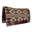 Professional's Choice Fuse Saddle Pad featuring a geometric hand-woven Navajo wool top in charcoal grey, chocolate brown, and cream earth tones. This 33" x 38" Western saddle pad includes durable leather wear leathers and a contoured spine for a superior fit. Designed with a shock-absorbing steam-pressed felt bottom, it's perfect for trail riding, ranch work, or competition. High-quality horse tack with a classic Southwestern aesthetic.