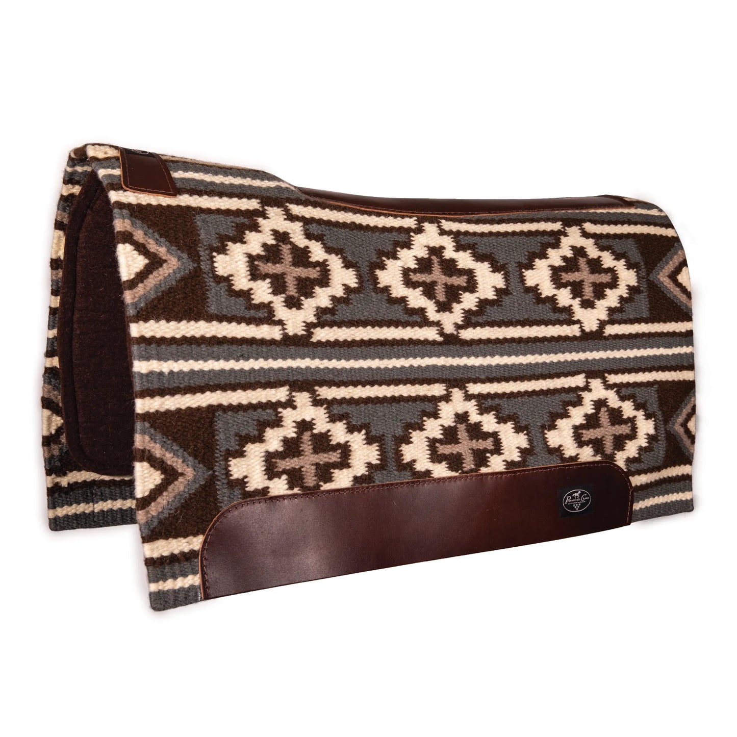 Professional's Choice Fuse Saddle Pad featuring a geometric hand-woven Navajo wool top in charcoal grey, chocolate brown, and cream earth tones. This 33" x 38" Western saddle pad includes durable leather wear leathers and a contoured spine for a superior fit. Designed with a shock-absorbing steam-pressed felt bottom, it's perfect for trail riding, ranch work, or competition. High-quality horse tack with a classic Southwestern aesthetic.