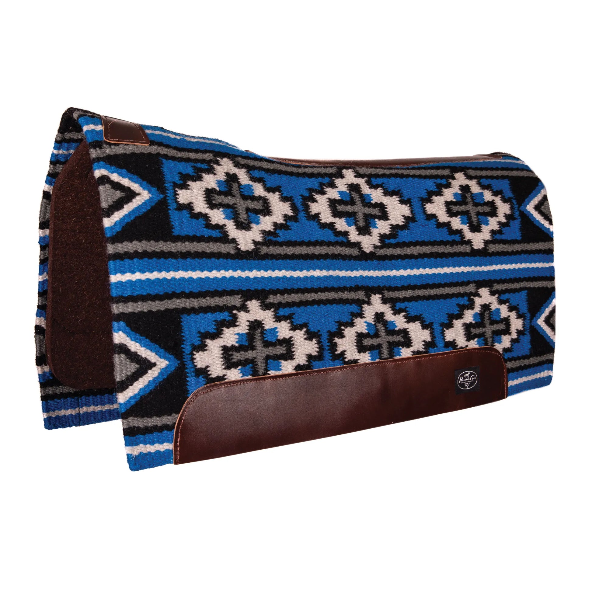 Professional's Choice Fuse Saddle Pad with a striking blue, black, white, and grey Navajo pattern. This high-quality 33" x 38" western horse pad features durable brown leather wear leathers and a shock-absorbing steam-pressed felt bottom. Designed for peak performance and style, it’s an essential piece of equestrian tack for trail riding or competition.
