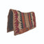Professional's Choice Fuse Saddle Pad featuring a hand-woven Navajo wool top in tan, maroon, black, and orange southwestern patterns. This high-quality 33" x 38" Western saddle pad includes a shock-absorbing steam-pressed felt bottom and durable brown leather wear leathers. Ideal for barrel racing or trail riding, this pad combines traditional aesthetics with modern performance technology for superior horse and rider comfort.