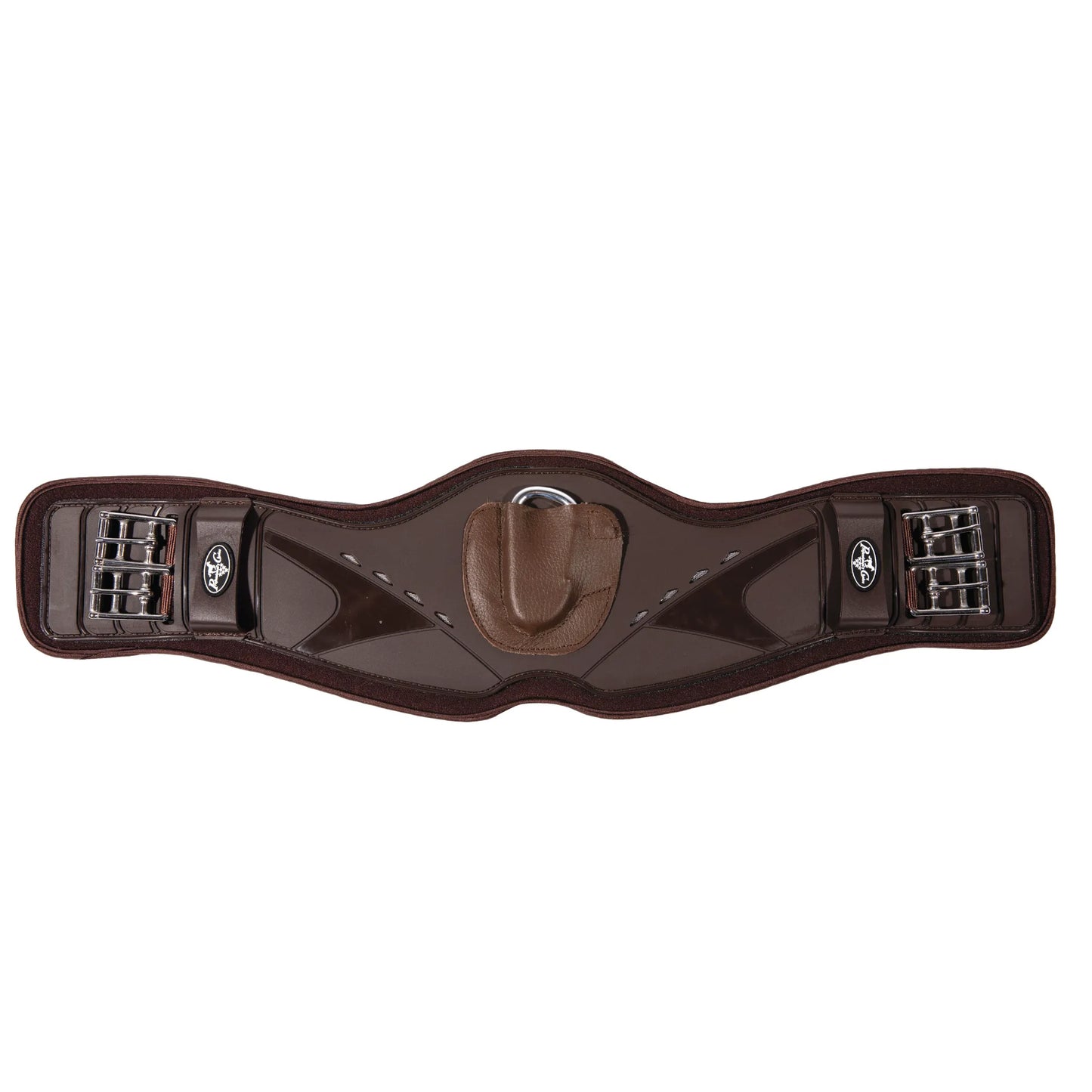 Professional's Choice VenTECH Contoured Monoflap Girth in chocolate brown. This high-performance horse girth features an anatomical design for maximum freedom of movement, breathable neoprene lining, and stainless steel roller buckles. A centered D-ring is tucked under a protective leather flap for secure accessory attachment. Perfect for eventing and jumping, this durable girth provides superior comfort and stability for your horse.