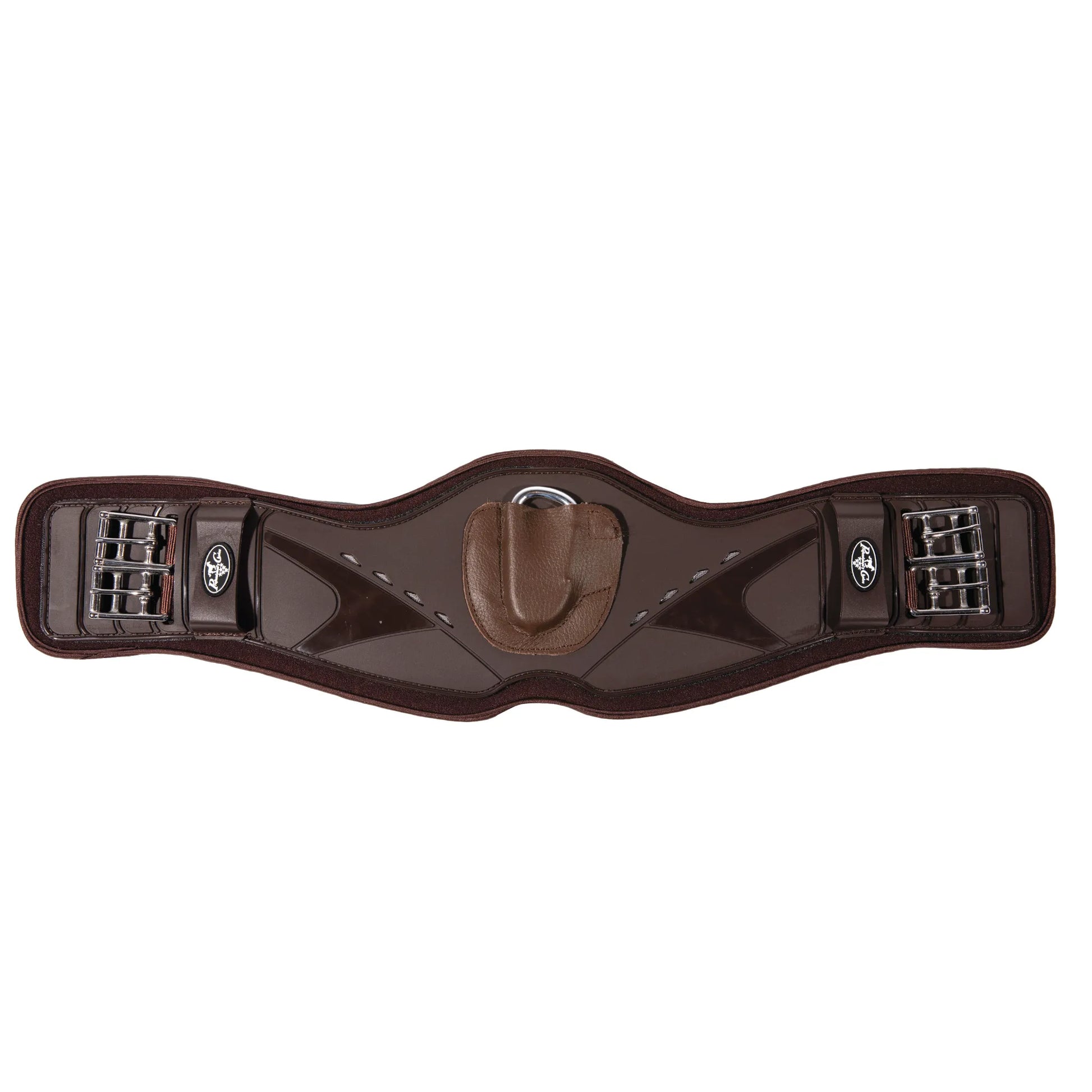 Professional's Choice VenTECH Contoured Monoflap Girth in chocolate brown. This anatomically shaped horse girth features stainless steel roller buckles with elastic at both ends and a central D-ring with a protective leather flap. Designed with a breathable, non-slip neoprene lining and a durable outer shell, it offers superior comfort and a secure fit for monoflap saddles, perfect for jumping or dressage performance.