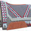 Professional's Choice Good Medicine Western saddle pad featuring a woven New Zealand wool top with grey, red, and white Southwestern geometric patterns and a red handprint. The pad is contoured with leather reinforcement along the spine and side wear leathers, finished with a plush cream fleece underside.