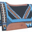 Professional's Choice Good Medicine Western saddle pad features a black New Zealand wool base with intricate geometric designs in light blue, brown, and white, including a handprint motif. It has brown leather reinforcements along the spine and side wear leathers, with a thick cream fleece lining. The folded pad shows its contoured shape designed for a horse's back.