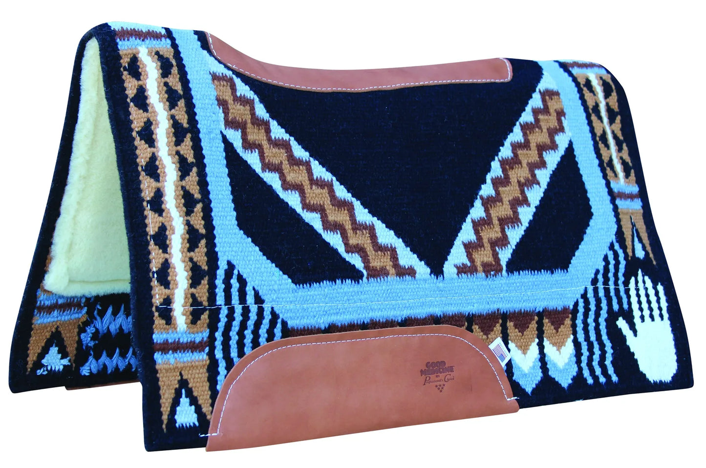 A Western saddle pad from the Professional's Choice Good Medicine collection. The pad features a geometric Southwestern design in turquoise, black, tan, and white New Zealand wool. It has a contoured shape with leather reinforcements along the spine and withers, large brown leather wear leathers with a logo stamp, and a thick cream-colored fleece lining.