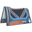 Professional's Choice Good Medicine Comfort-Fit SMX Air Ride Western Saddle Pad featuring a New Zealand wool top in black, light blue, and brown with a traditional geometric design and white handprint. This performance horse pad includes a leather-reinforced spine and wither for durability, a contoured fit, and a shock-absorbing core. Finished with leather wear leathers and a plush fleece lining, it’s high-quality horse tack perfect for ranch work, barrel racing, or showing.