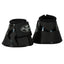 Pair of Professional's Choice black Hard Shell Bell Boots for horse hoof protection. Features a durable matte black exterior with stylish glossy accents and a secure, wide hook-and-loop strap displaying the brand logo with stars. These high-performance, shock-absorbing overreach boots are designed for equestrian safety and injury prevention. Essential horse gear for training, jumping, and competition.