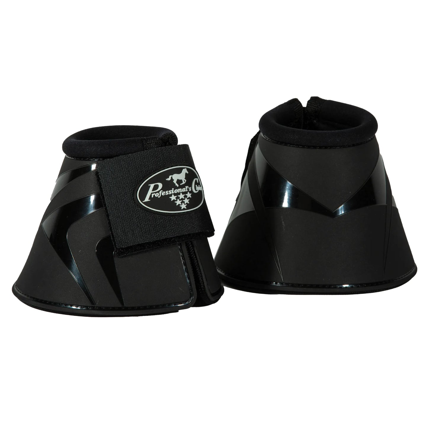 Pair of Professional's Choice black Hard Shell Bell Boots for horse hoof protection. Features a durable matte black exterior with stylish glossy accents and a secure, wide hook-and-loop strap displaying the brand logo with stars. These high-performance, shock-absorbing overreach boots are designed for equestrian safety and injury prevention. Essential horse gear for training, jumping, and competition.