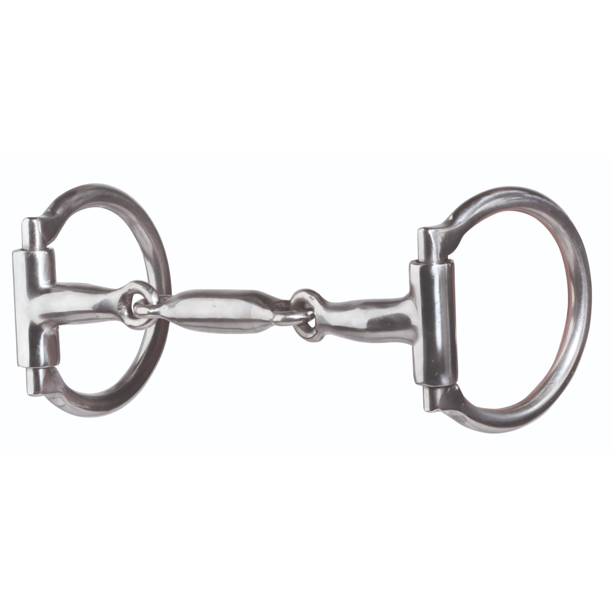 Professional's Choice 5 1/4" D-Ring 3-Piece Snaffle Bit (PCB-98A) in polished stainless steel. This high-quality equine bit features a double-jointed mouthpiece with a smooth center link for enhanced comfort and communication. The fixed D-ring cheeks offer stability and lateral control, making it a versatile choice for training, English, or Western riding. Durable and sleek horse tack designed for performance and gentle pressure.