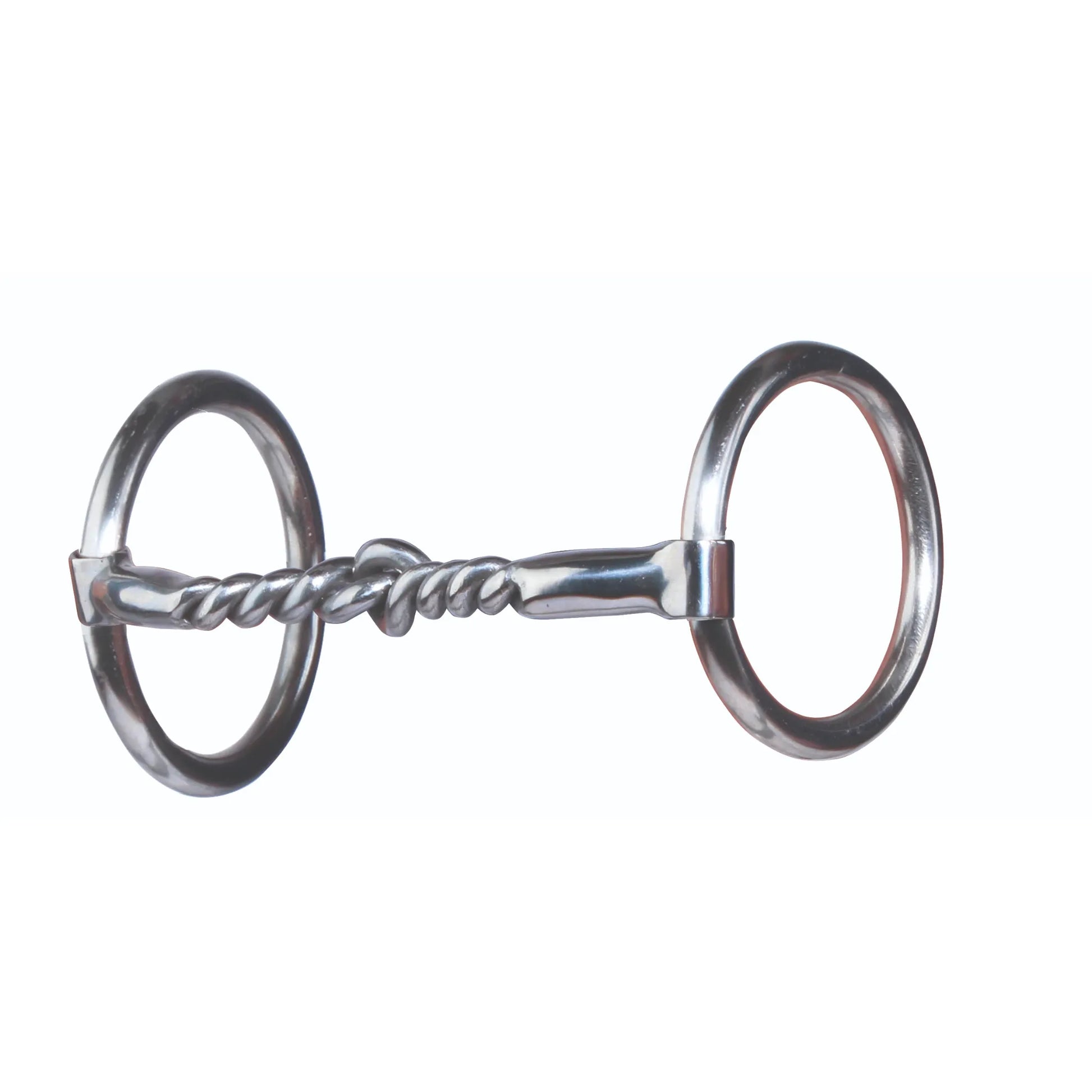 Professional's Choice Horse O-Ring Half and Half Snaffle Bit, 5.25". This stainless steel equestrian bit features a jointed mouthpiece with one side smooth and the other side a twisted wire texture for varied pressure. Designed for clear communication, the loose O-ring cheeks allow for movement in the horse's mouth. High-quality silver horse tack perfect for training and western or English riding disciplines.