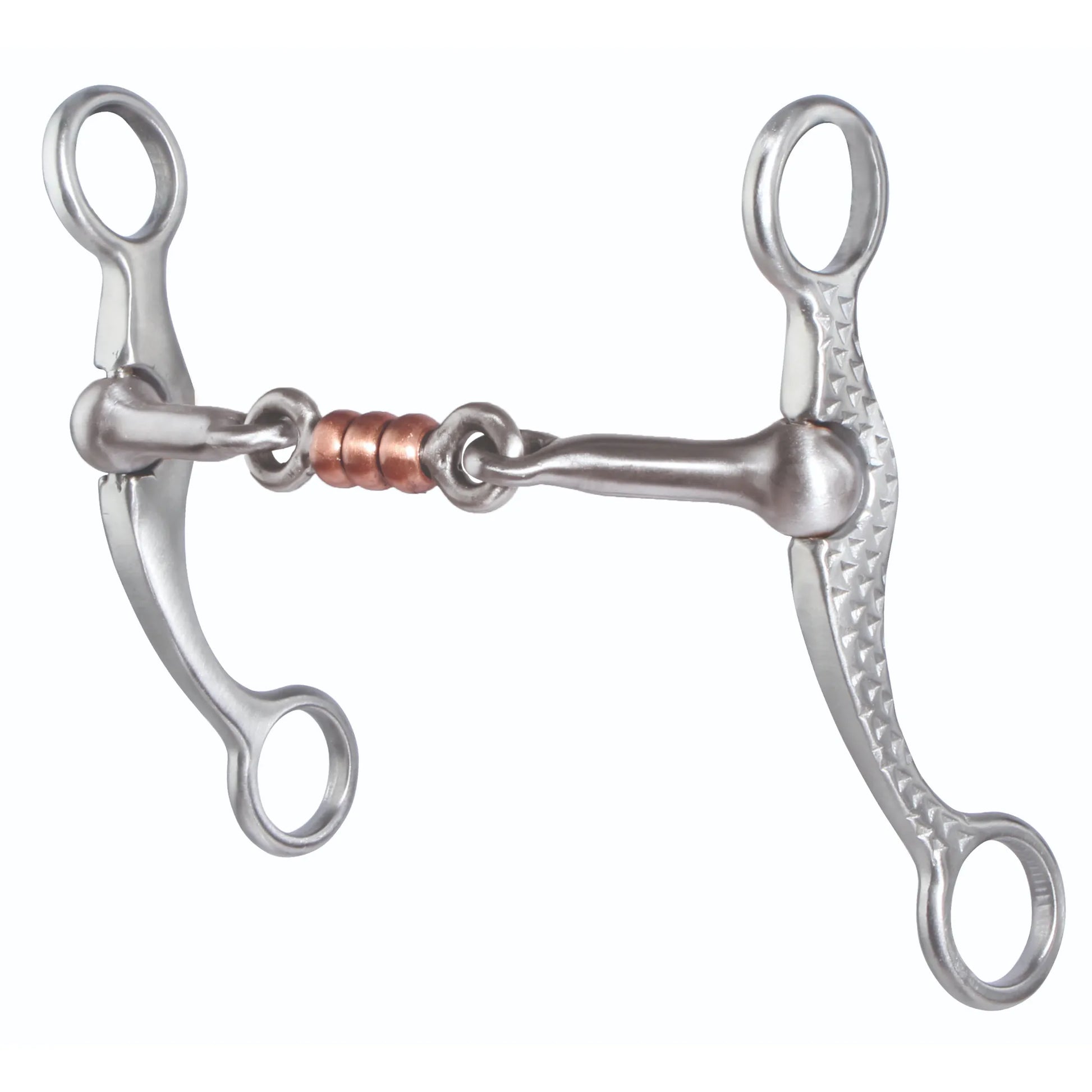 Professional's Choice PCB-153 Horse Equine Bit featuring a 5 1/4" dogbone mouthpiece with three copper rollers to promote salivation. The unique stainless steel rasp-patterned shanks add a rugged, western aesthetic to this high-performance curb bit. Ideal for training and everyday western riding, this three-piece jointed bit provides balanced pressure and clear communication, making it a must-have piece of tack for any equestrian's collection.