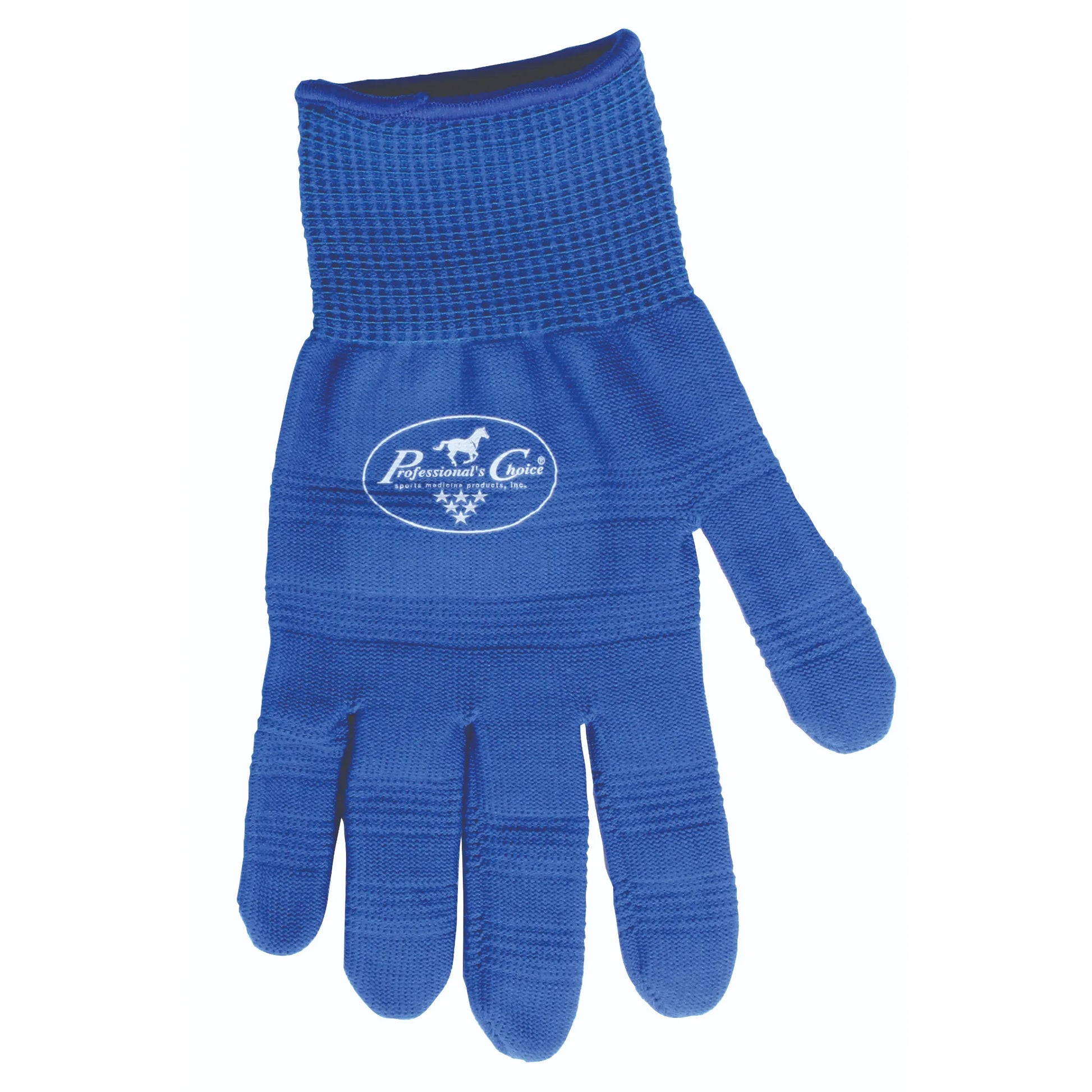 Professional's Choice Horse Equine Royal Blue Roping Glove featuring a durable knitted texture and an elasticized wrist cuff. The palm side showcases the white Professional's Choice logo with a horse silhouette and five stars. Designed for maximum grip and protection, these high-performance blue gloves are ideal for equestrian roping, horse riding, and ranch work.