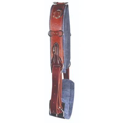 Professional's Choice Horse Equine Surcingle with Cinch 800128, a premium horse training tool crafted from durable brown leather with thick grey felt padding for maximum comfort. Features multiple stainless steel D-rings for versatile lunging and ground driving attachments. This adjustable equestrian surcingle is designed for performance training, offering a secure fit and long-lasting durability for daily stable use.