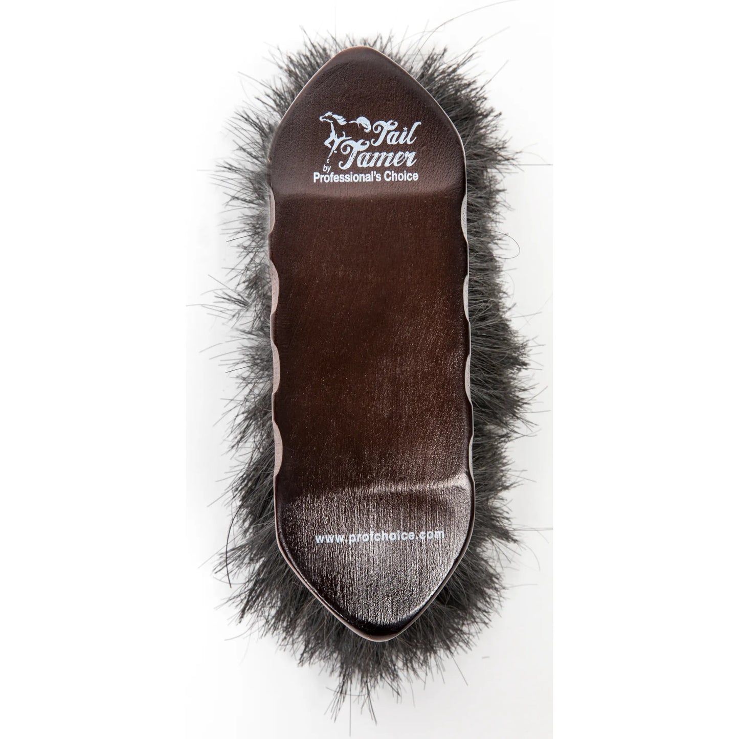 Professional's Choice Tail Tamer horsehair grooming brush featuring long, dense black bristles and an ergonomically contoured dark brown wood handle. This high-quality horse brush is designed for finishing touches, effectively removing dust and bringing out a natural coat shine. A must-have grooming tool for horses, providing a soft touch for sensitive areas. Durable and stylish, it fits comfortably in hand for a professional grooming experience.