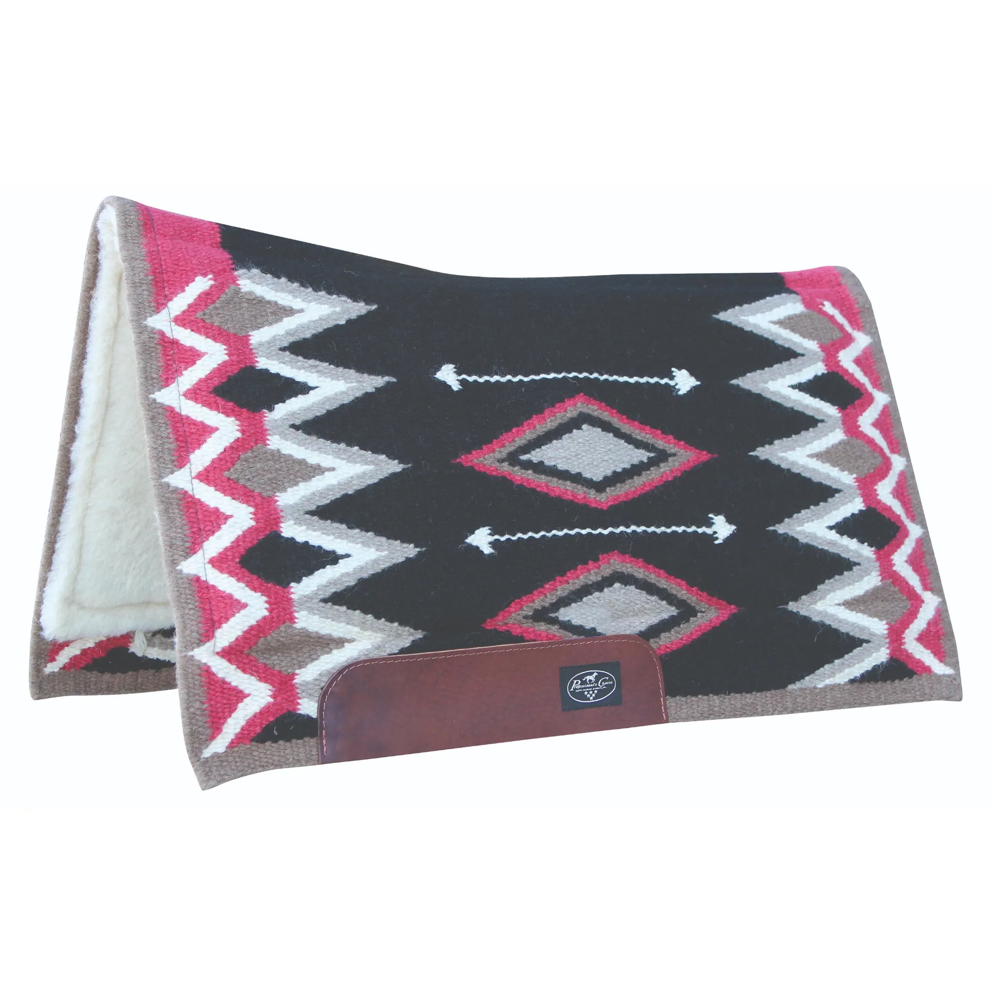 Professional's Choice Jalapeno Saddle Pad featuring a 100% New Zealand Wool blanket top with a vibrant pink, white, and grey Southwestern pattern on a black base. This Western saddle pad includes durable brown leather wear leathers and a soft white fleece lining for superior horse comfort. A stylish and functional choice for trail or arena riding, showcasing traditional tribal-inspired diamond and arrow motifs.
