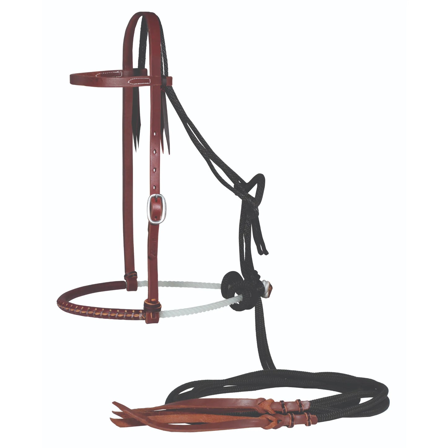 Professional's Choice Jr. Horse Loping Hackamore featuring a heavy oil ranch leather browband headstall with a silver buckle. This western training setup includes a white rope noseband and thick black rope mecate reins with brown leather poppers. Durable and functional for horse training, ranch work, and loping, this high-quality equestrian gear combines classic western style with professional performance.