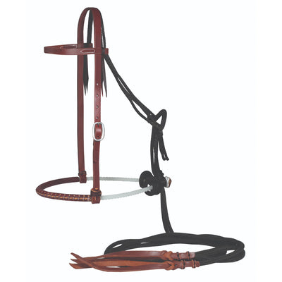 Professional's Choice Jr. Horse Loping Hackamore featuring a heavy oil ranch leather browband headstall with a silver buckle. This western training setup includes a white rope noseband and thick black rope mecate reins with brown leather poppers. Durable and functional for horse training, ranch work, and loping, this high-quality equestrian gear combines classic western style with professional performance.